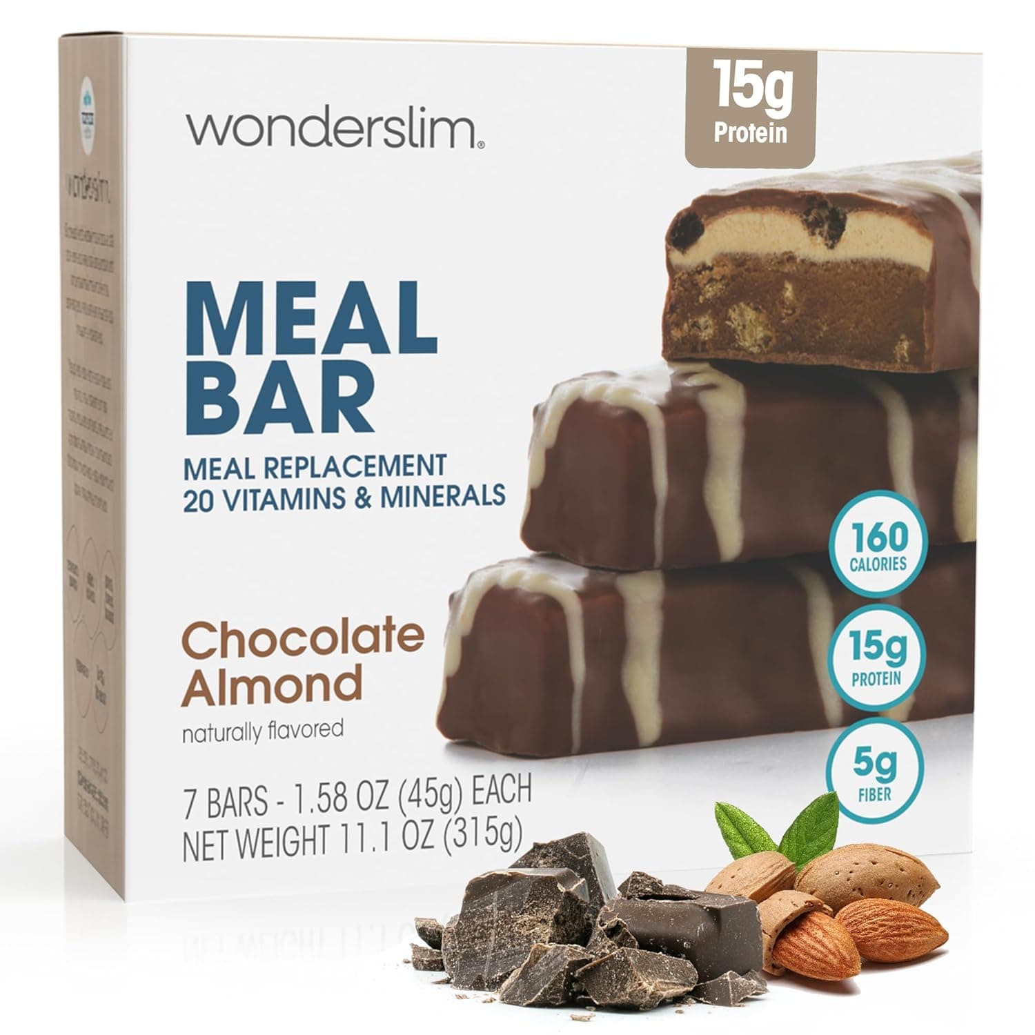 WonderSlim Meal Replacement Protein Bar, Chocolate Almond, 15g Protein, 20 Vitamins & Minerals (7ct) by WonderSlim - 15g protein