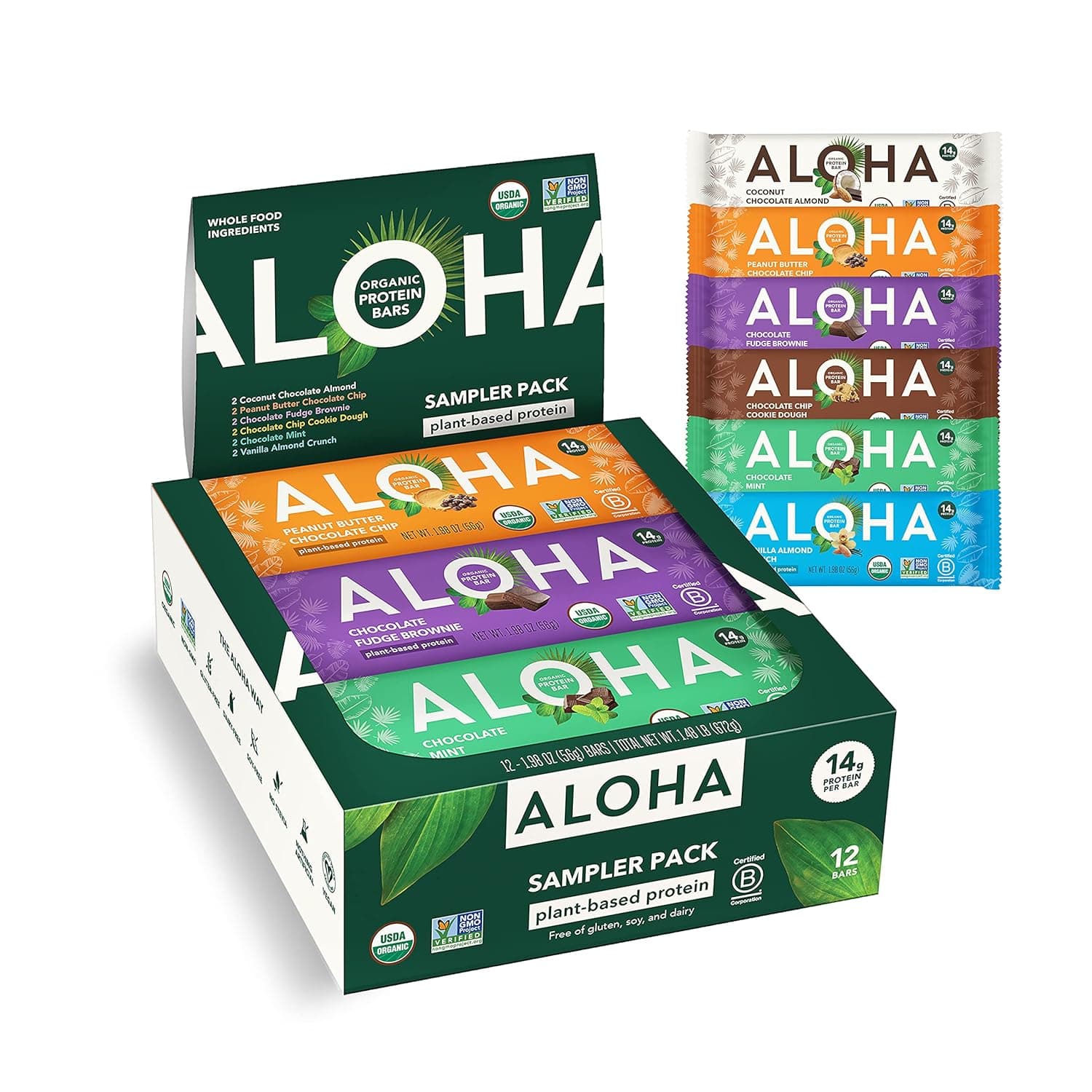ALOHA Organic Plant Based Protein Bars - 6 Flavor Variety Pack - 12 Count, 1.9oz Bars - Vegan Snacks, Low Sugar, Gluten-Free, Low Carb, Paleo, Non-GMO, Stevia-Free, No Sugar Alcohol Sweeteners by ALOHA - nullg protein