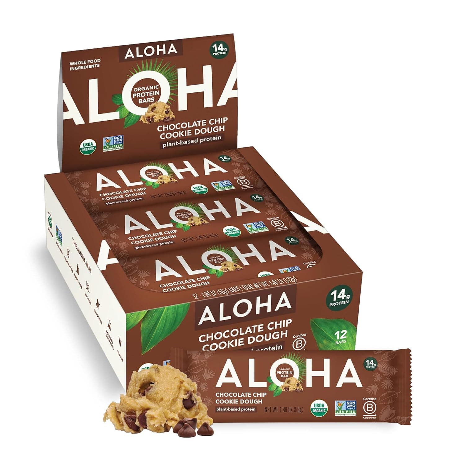Aloha Organic Plant Based Protein Bars Chocolate Chip Cookie Dough, 1.98 Oz,(Pack of 12) by ALOHA - nullg protein