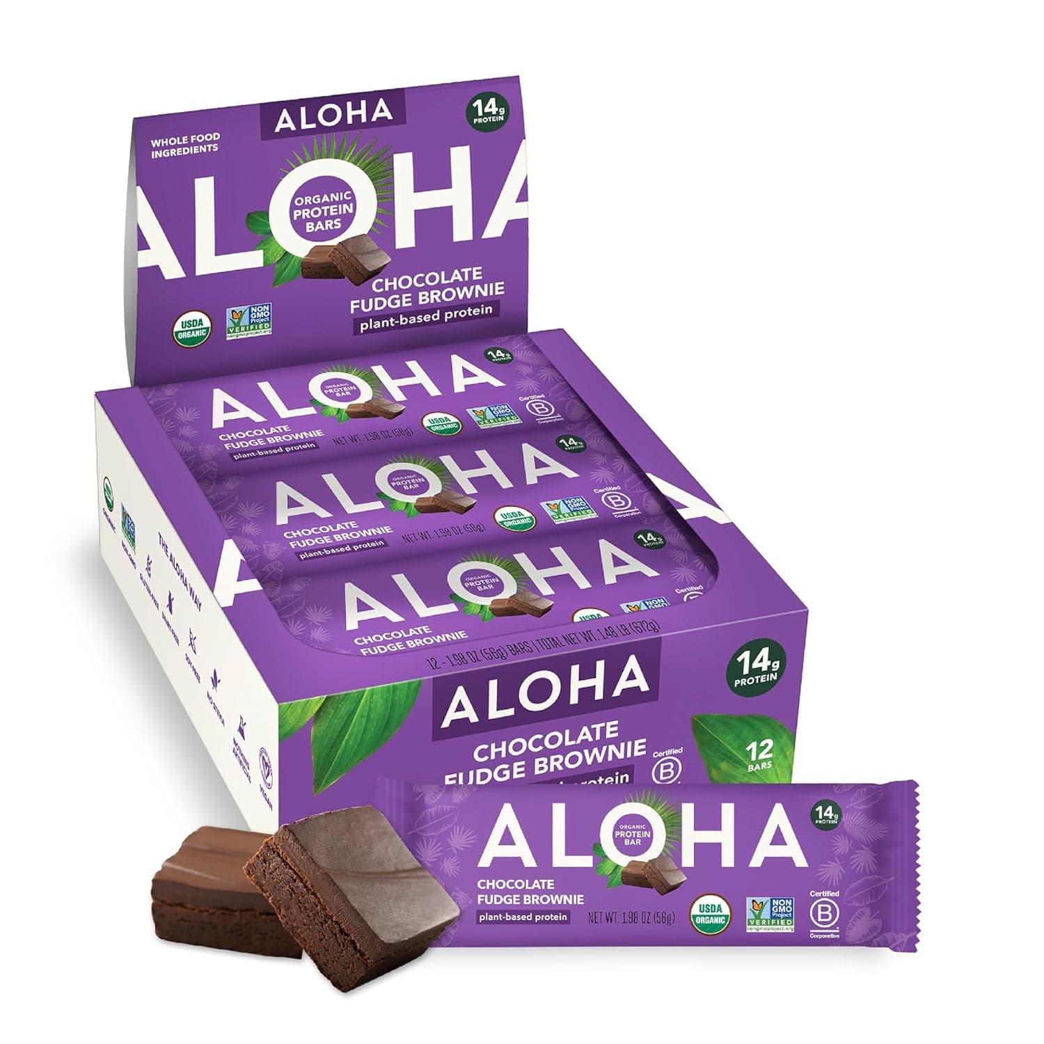 ALOHA Organic Plant-Based Protein Bars | Chocolate Fudge Brownie | Vegan, Gluten-Free, Paleo, Low-Carb, Non-GMO, Soy-Free, 12 Count by ALOHA - nullg protein