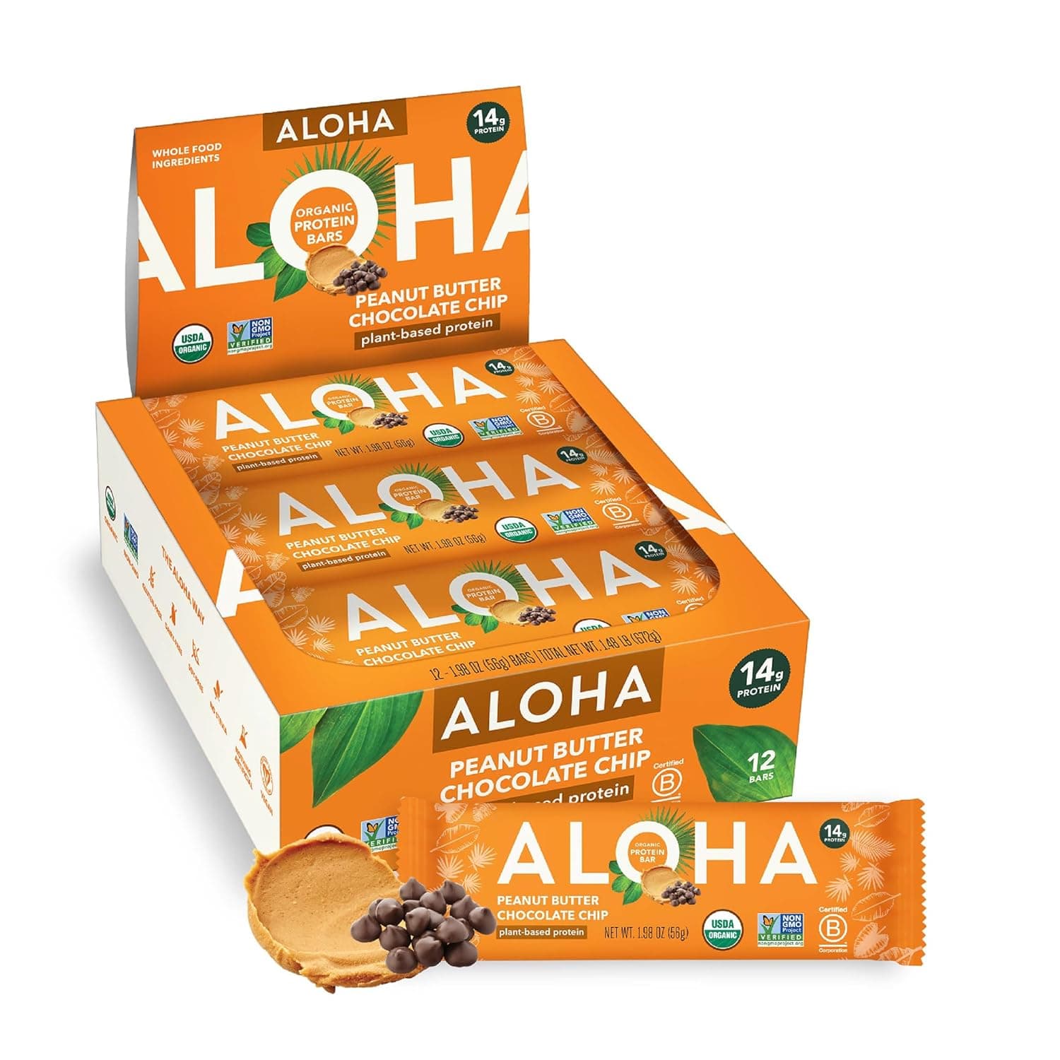 ALOHA Organic Plant Based Protein Bars |Peanut Butter Chocolate Chip | 1.98 Oz (Pack of 12) | Vegan, Low Sugar, Gluten Free, Paleo, Low Carb, Non-GMO, Stevia Free, Soy Free, No Sugar Alcohols by ALOHA - nullg protein
