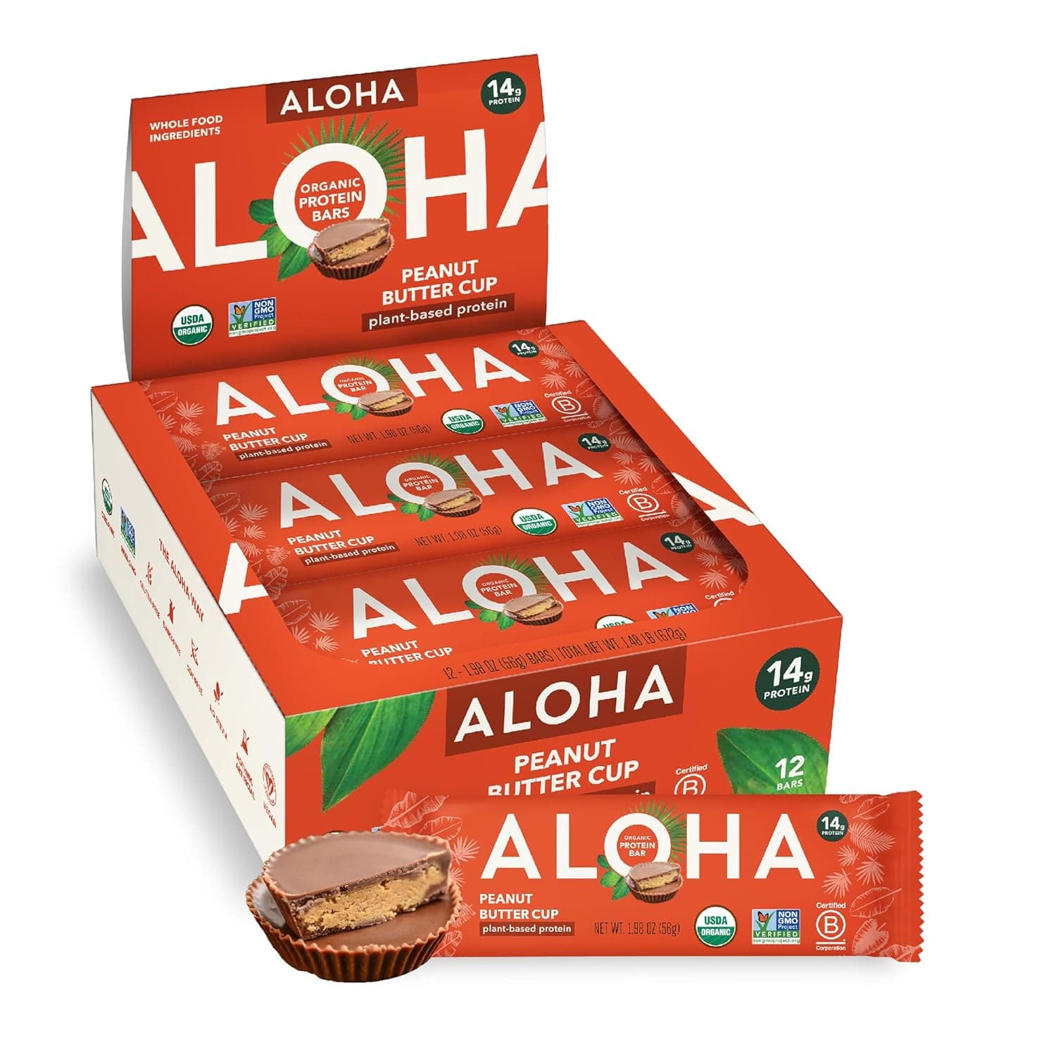 ALOHA Organic Plant Based Protein Bars - Peanut Butter Cup Bar - 12 Bars, Vegan, Low Sugar, Gluten-Free, Low Carb, Non-GMO, No Stevia, No Erythritol by ALOHA - nullg protein