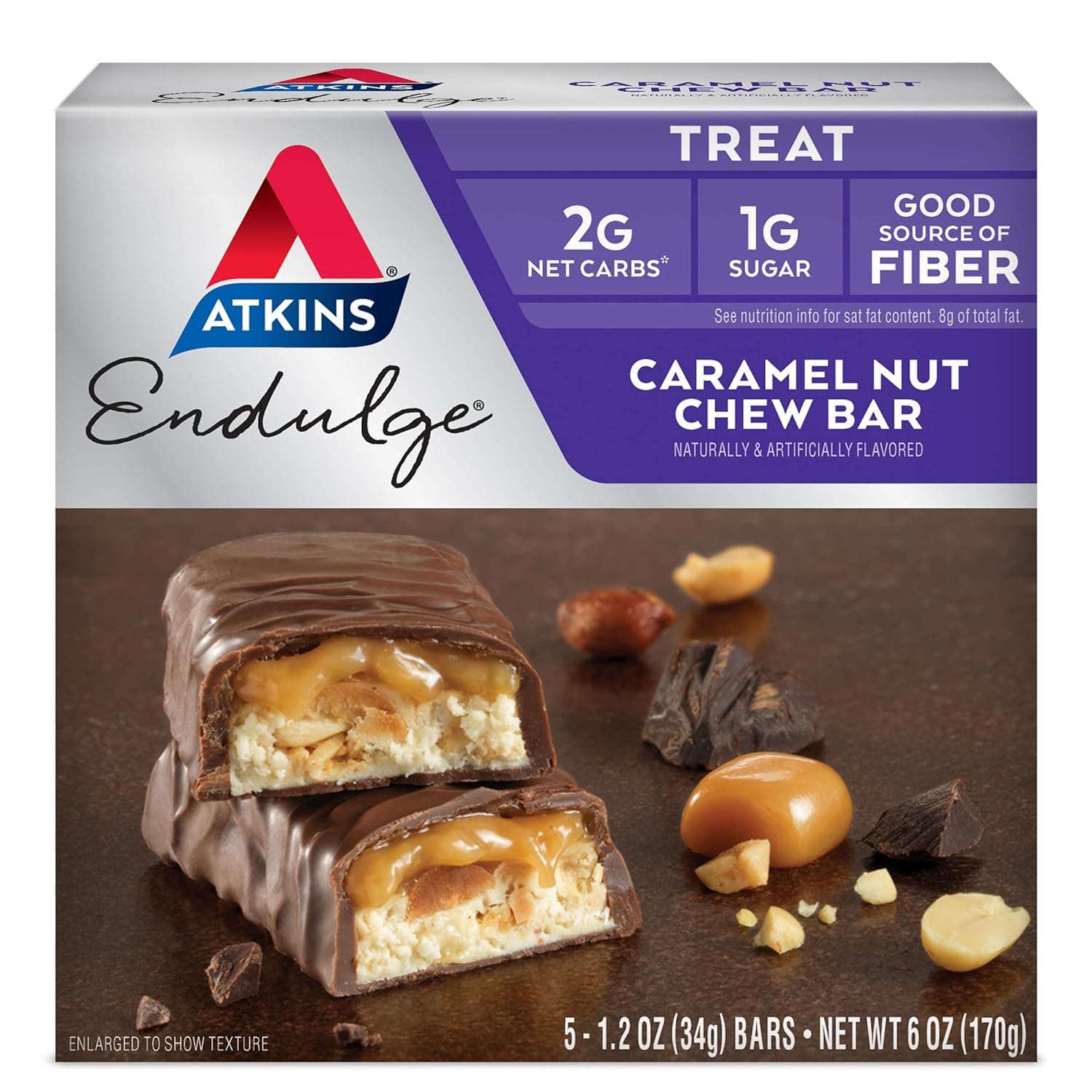 Atkins Endulge Caramel Nut Chew Bar, Dessert Favorite, 1g Sugar, Good Source of Fiber, 5 Count by Atkins - nullg protein