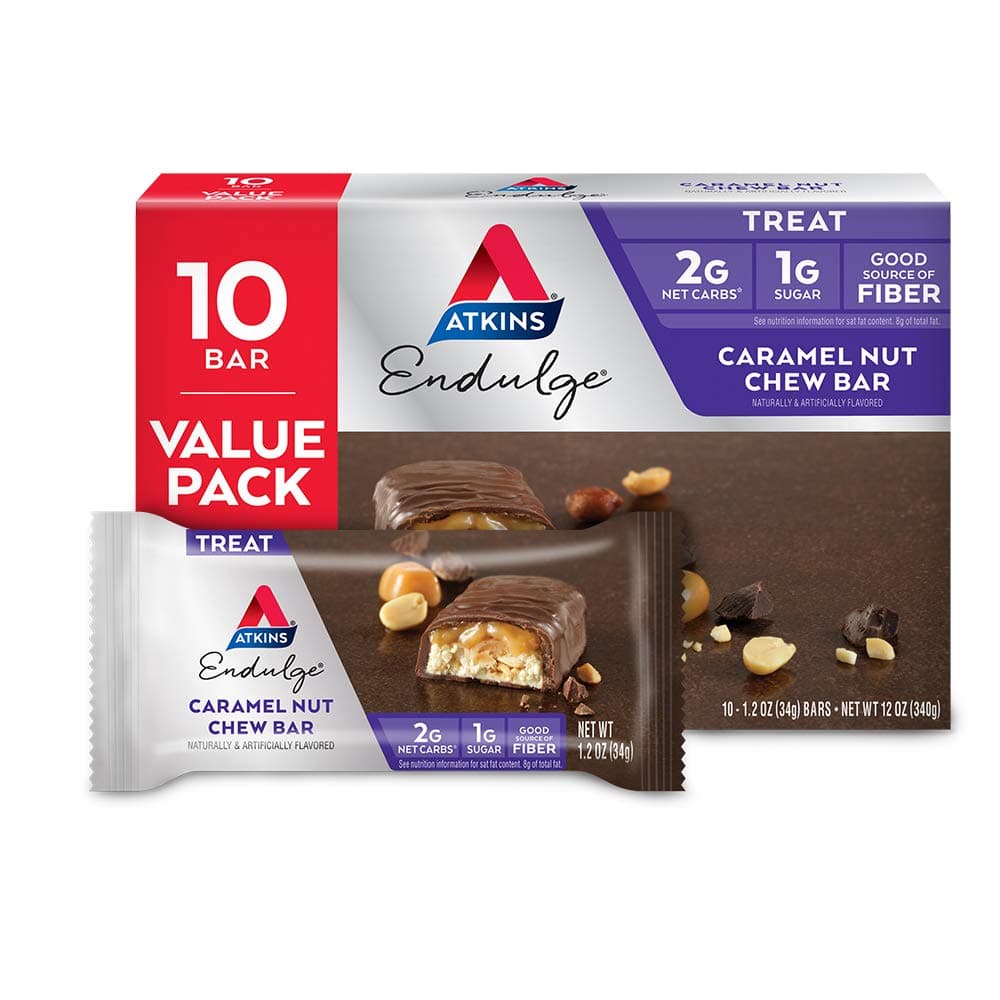 Atkins Endulge Caramel Nut Chew Bar, Low Sugar Snack, Dessert Bar, High Fiber Bar 1g Sugar, 10 Count by Atkins - nullg protein