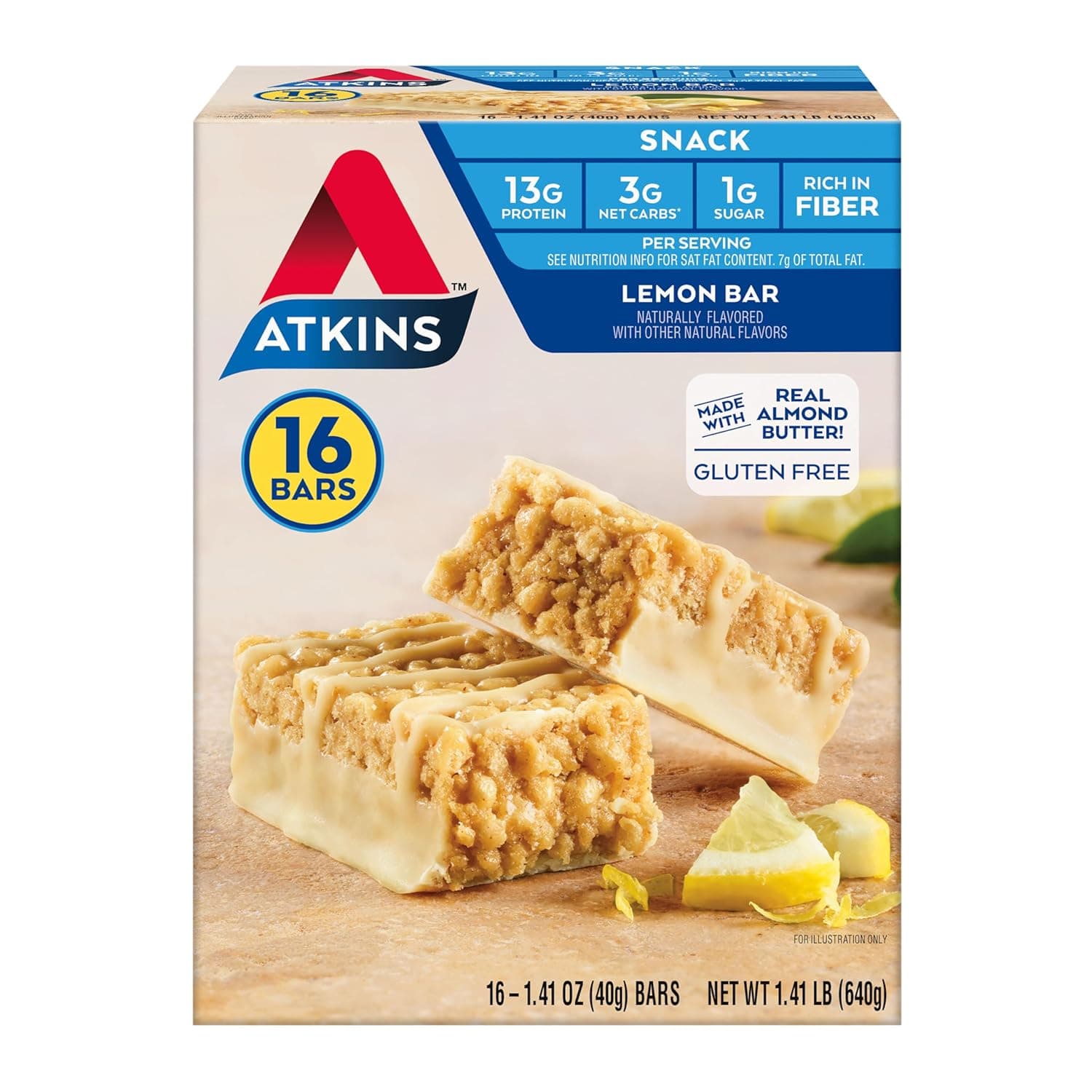 Atkins Lemon Flavored Snack Bar, High Protein Bar, Low Sugar and Low Carb, Keto Friendly Snack, Gluten Free, High in Fiber, Made with Real Almond Butter, 16 Count by Atkins - nullg protein