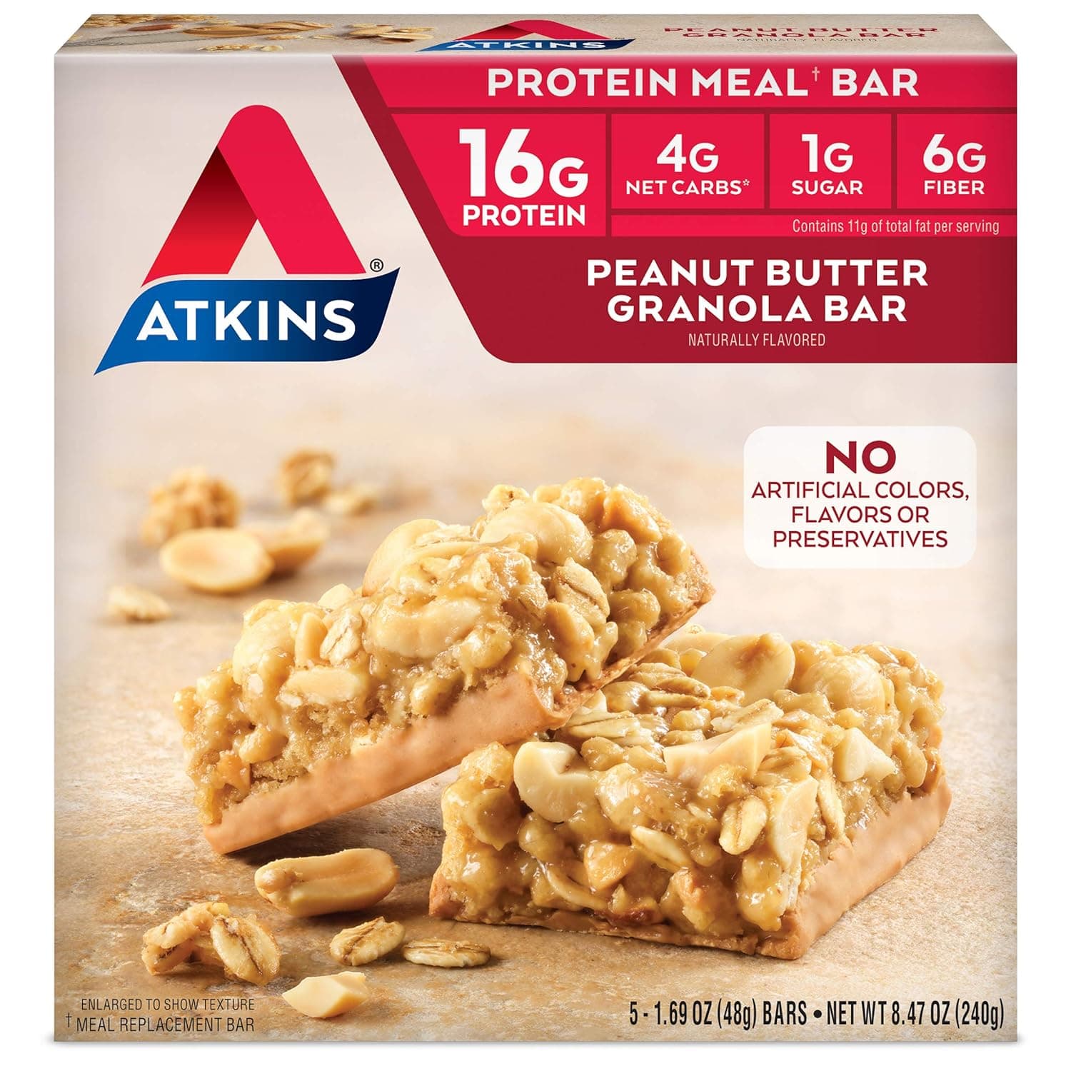 Atkins Peanut Butter Granola Protein Meal Bar, High Fiber, 16g Protein, 1g Sugar, 4g Net Carb, Meal Replacement, Keto Friendly, 5 Count by Atkins - nullg protein