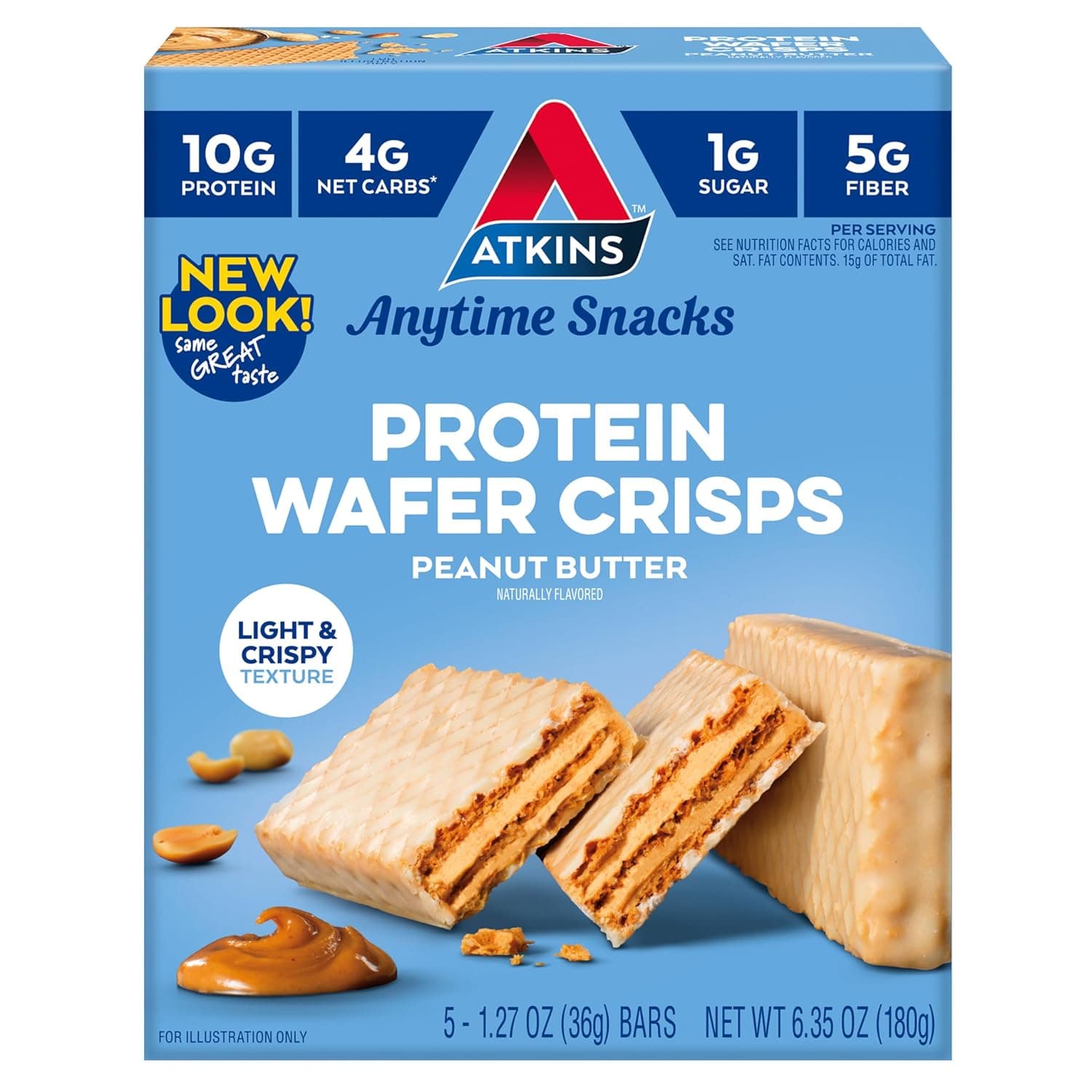 Atkins Peanut Butter Protein Wafer Crisps, Protein Dessert, 4g Net Carb, 1g Sugar, Keto Friendly, 5 Count by Atkins - nullg protein