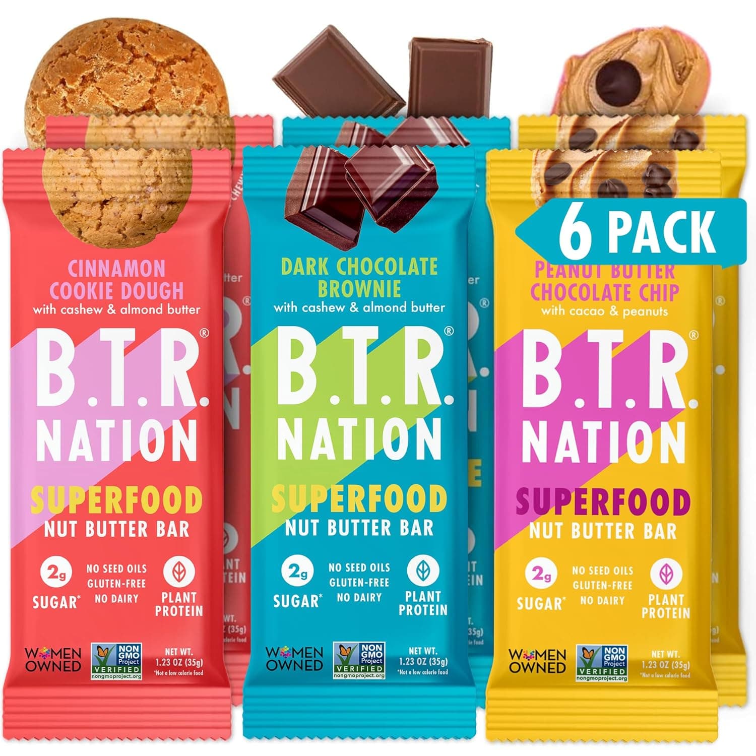 B.T.R. Nation Bar Superfood Keto Protein Bars, Plant Based Vegan Protein - | 6 pack (Sampler Pack) | Low Carb Food, Low Calorie, Gluten Free, No Sugar Alcohols, Boosted with Superfoods - nullg protein protein bars