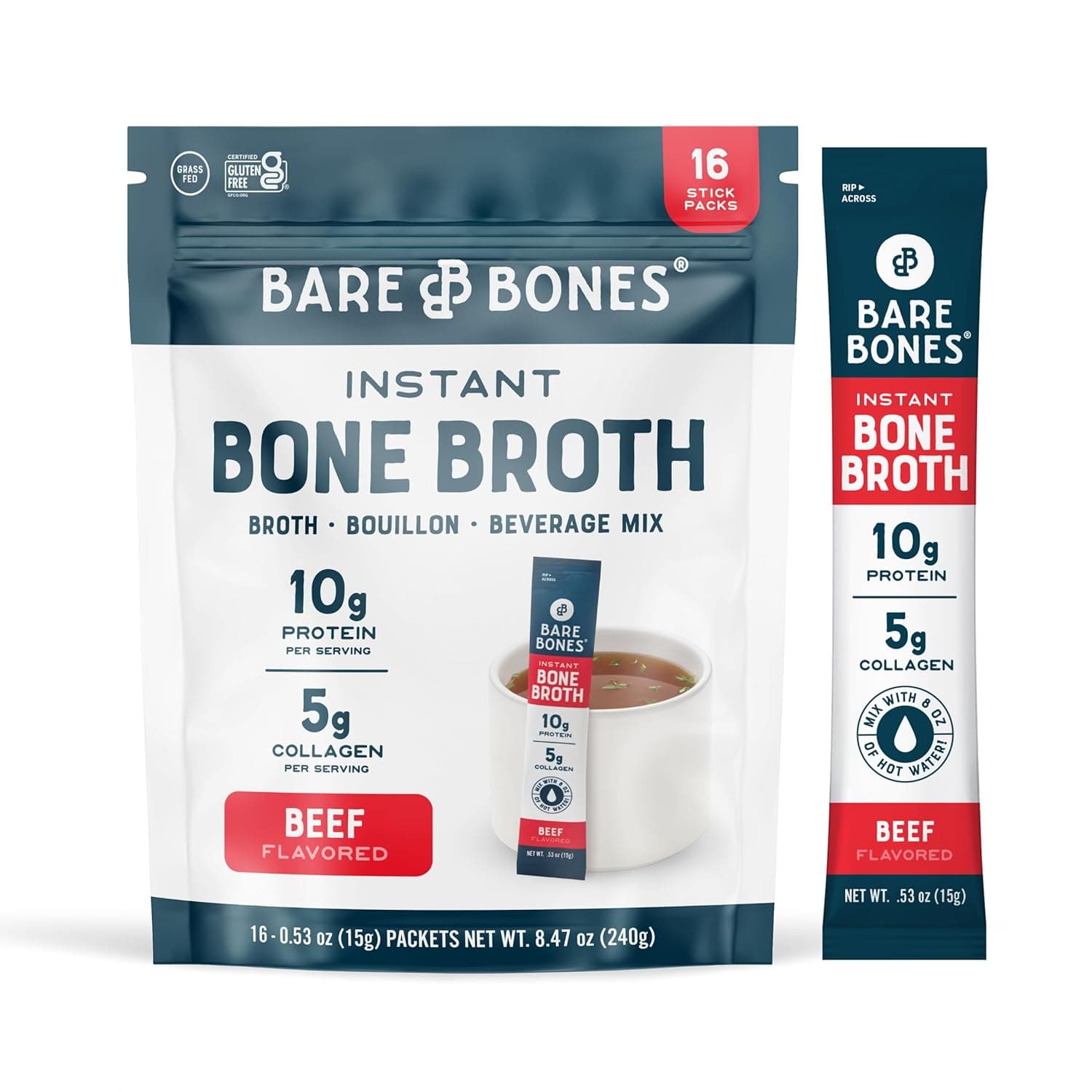 Bare Bones Beef Bone Broth Instant Powdered Mix Packets | 5g Collagen | 10g Protein | Keto & Paleo Friendly | No Artificial Flavors | Rich Savory on-the-go 16 Pack - nullg protein protein bars