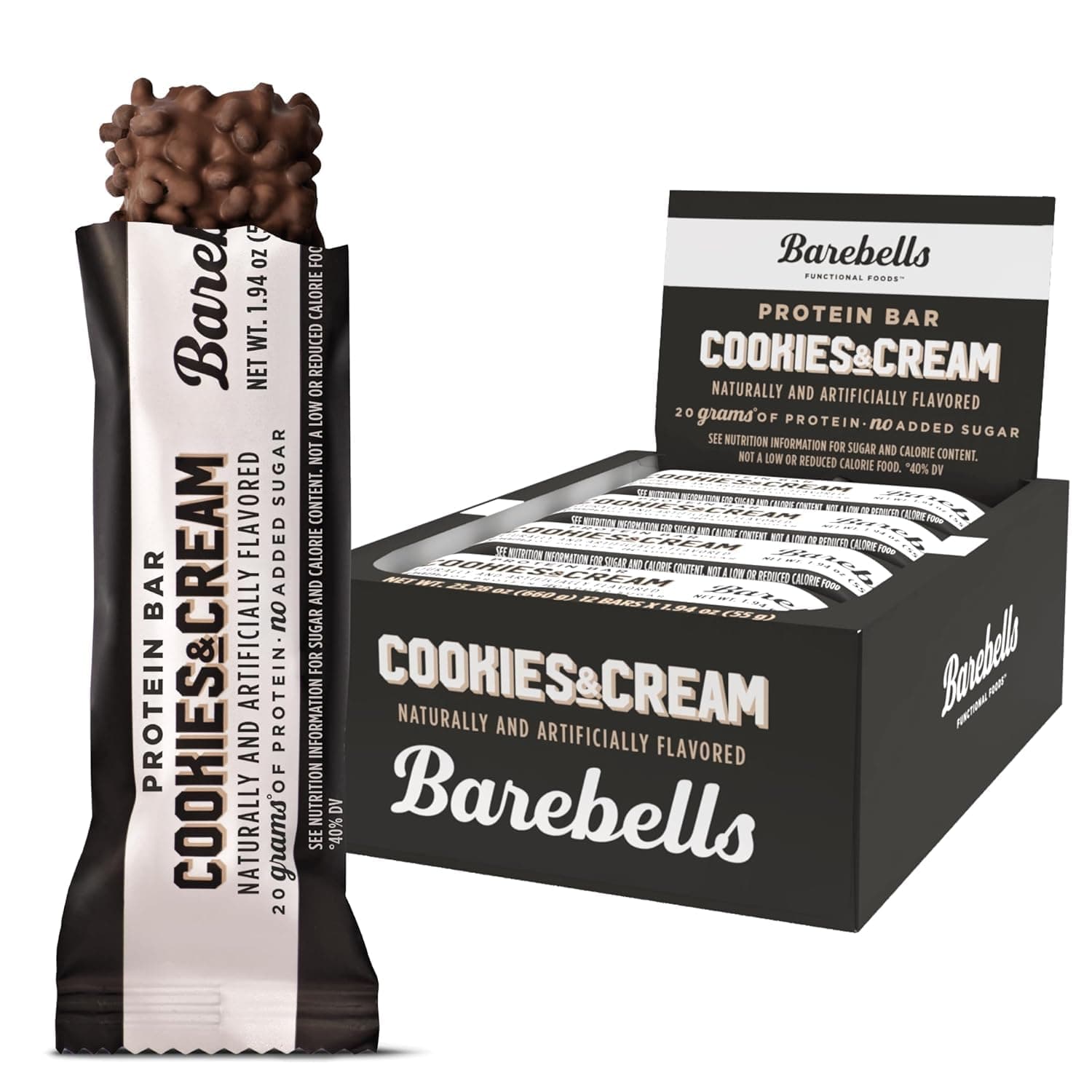 Barebells Protein Bars Cookies & Cream - 12 Count, 20g High Protein Treats - Chocolate Nutrition Bar with 1g Total Sugars - On-The-Go Breakfast or Post-Workout Snack - nullg protein protein bars