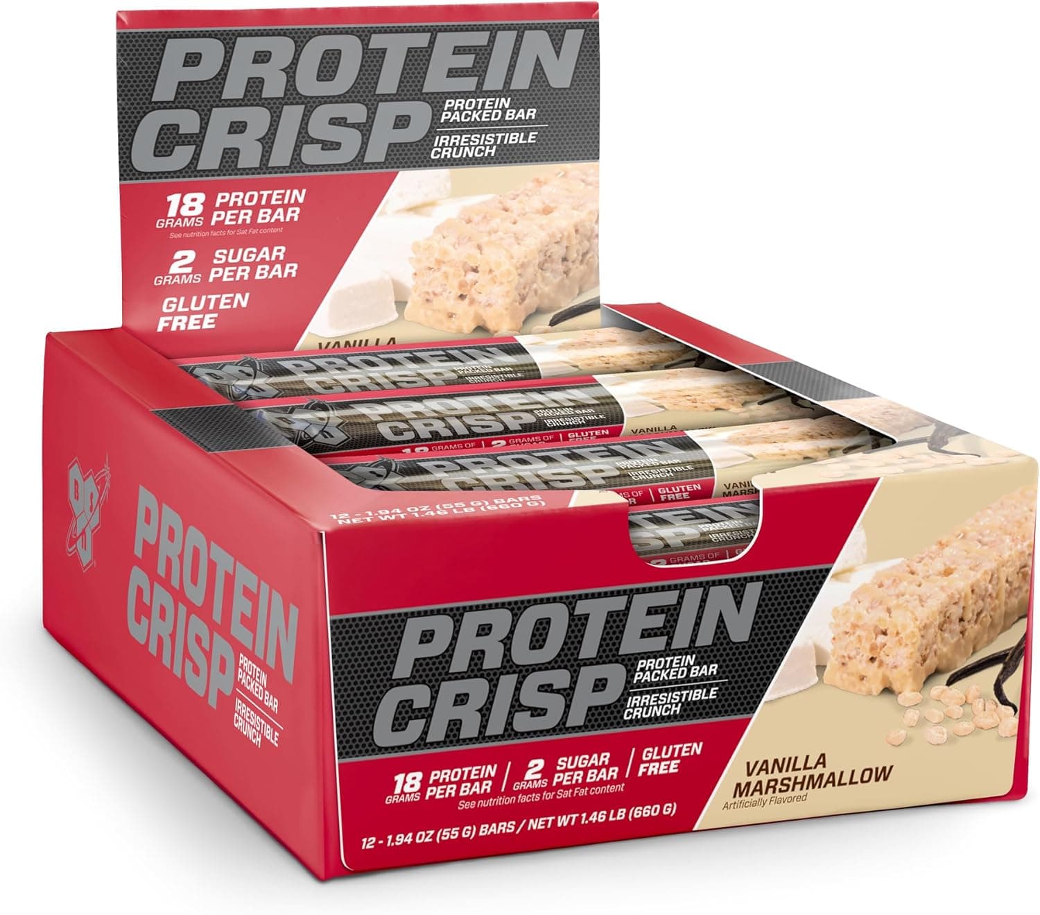 BSN Protein Crisp Bar, Vanilla Marshmallow, 18 Gram Protein Snack Bars with Whey and Fiber, Gluten-Free Crunchy Energy Bars for Workout, Fitness, On-the-Go, 12 Count - nullg protein protein bars