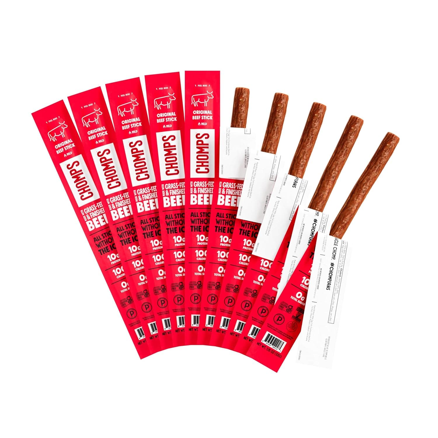 Chomps Grass-Fed and Finished Original Beef Jerky Snack Sticks 10-Pack - Keto, Paleo, Whole30, 10g Lean Meat Protein, Gluten-Free, Zero Sugar Food, Non-GMO by Chomps - nullg protein