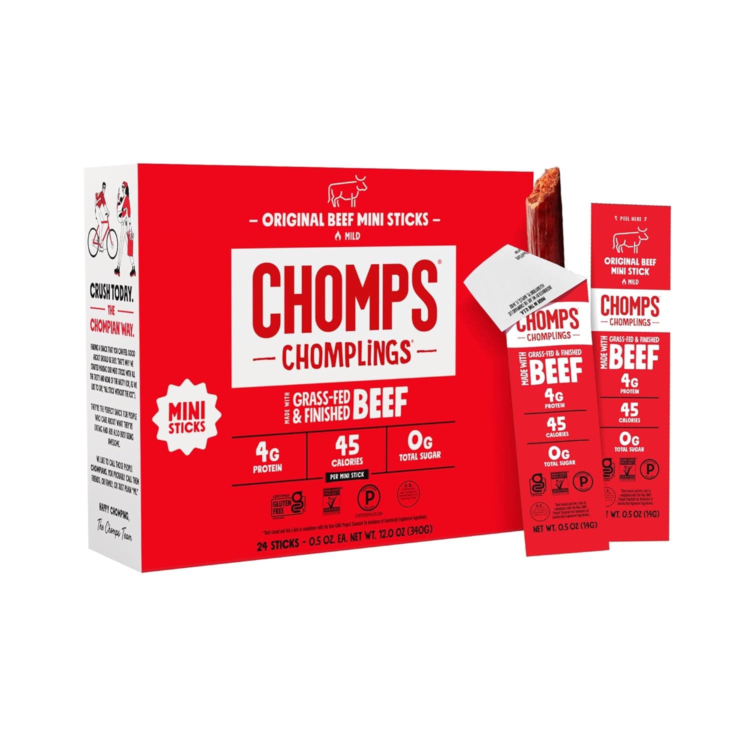 Chomps Snack Size Grass-Fed Original Beef Jerky Snack Sticks 0.5oz 24-Pack - Keto, Paleo, Whole30, 4g Lean Meat Protein, Gluten-Free, Zero Sugar Food, Non-GMO Chomplings by Chomps - nullg protein