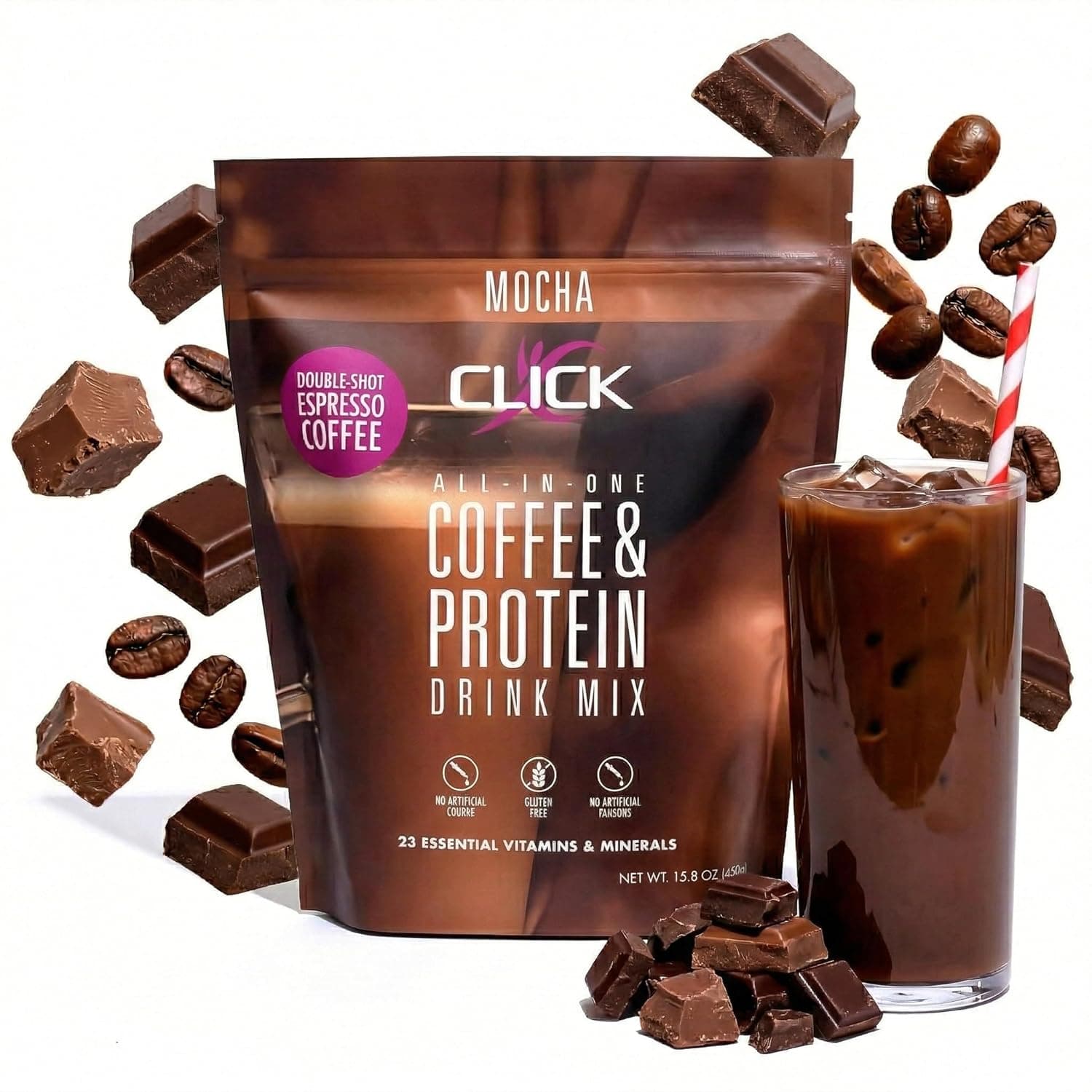 Click Coffee Protein, Protein & Real Coffee All-in-One, Meal Replacement Nutrition Drink, Mocha Flavor, 23 Essential Vitamins, Double Shot Espresso Coffee, Hot or Cold, 15.8-Ounce - nullg protein nuts & seeds