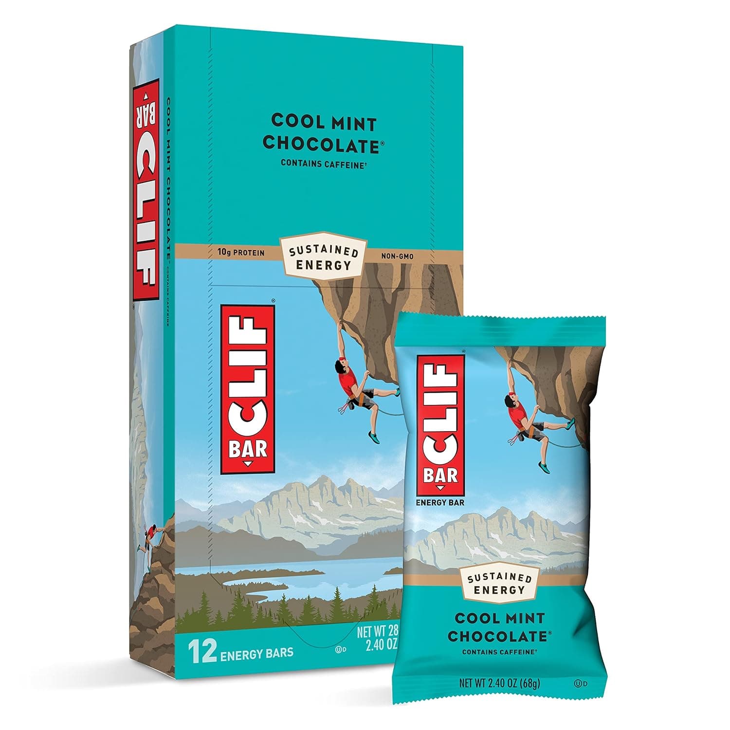 CLIF BARS - Energy Bars - Cool Mint Chocolate - With Caffeine - Made with Organic Oats - Plant Based Food - Vegetarian - Kosher (2.4 Ounce Protein Bars, 24 Count) Packaging May Vary by Clif - nullg protein