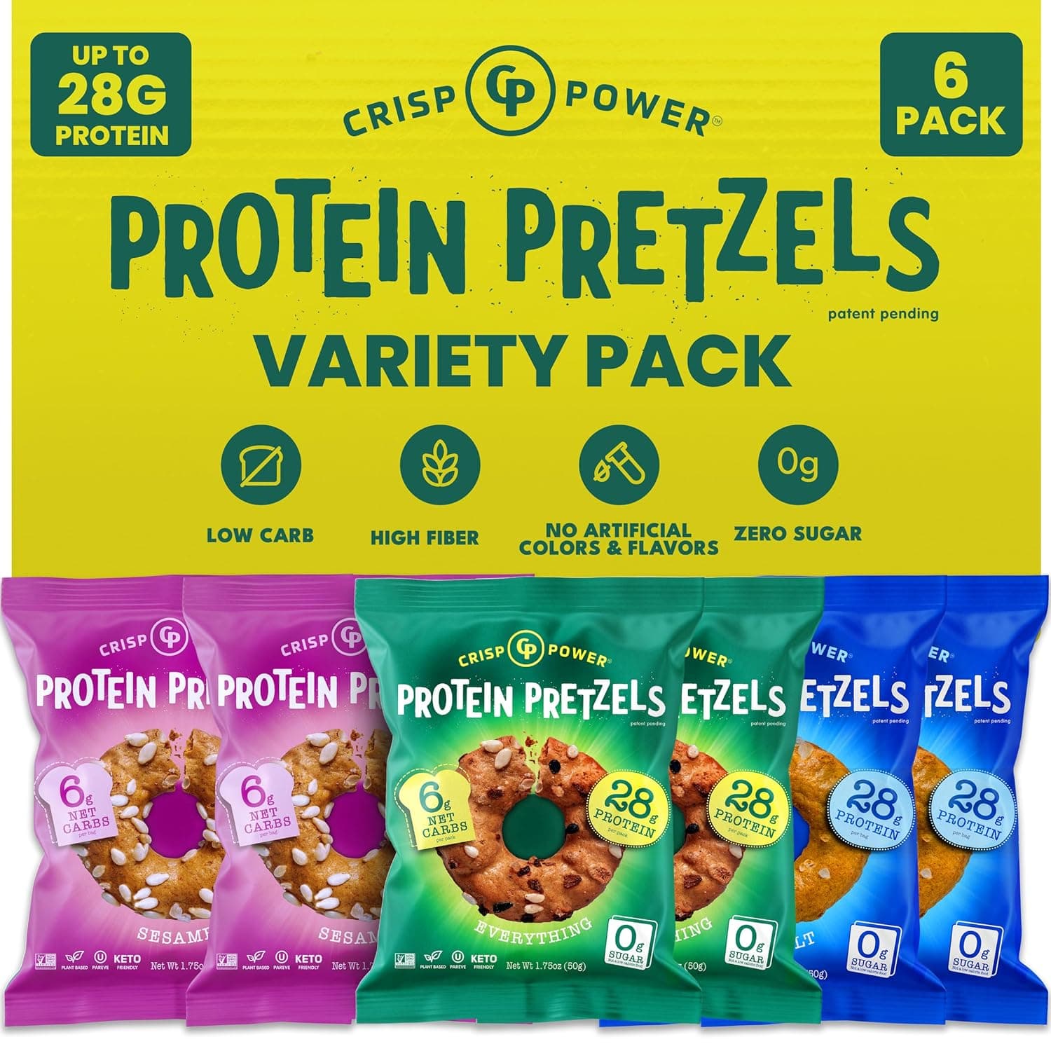 CRISP POWER Protein Pretzels, Variety Pack With Sea Salt, Sesame, & Everything, Up To 28G Protein, High Protein Snack, High Fiber, Low Carb Crunchy Pretzel Snacks, No Added Sugar, 1.75 oz Bags, 6 Pack, Vegan, Keto - nullg protein protein chips