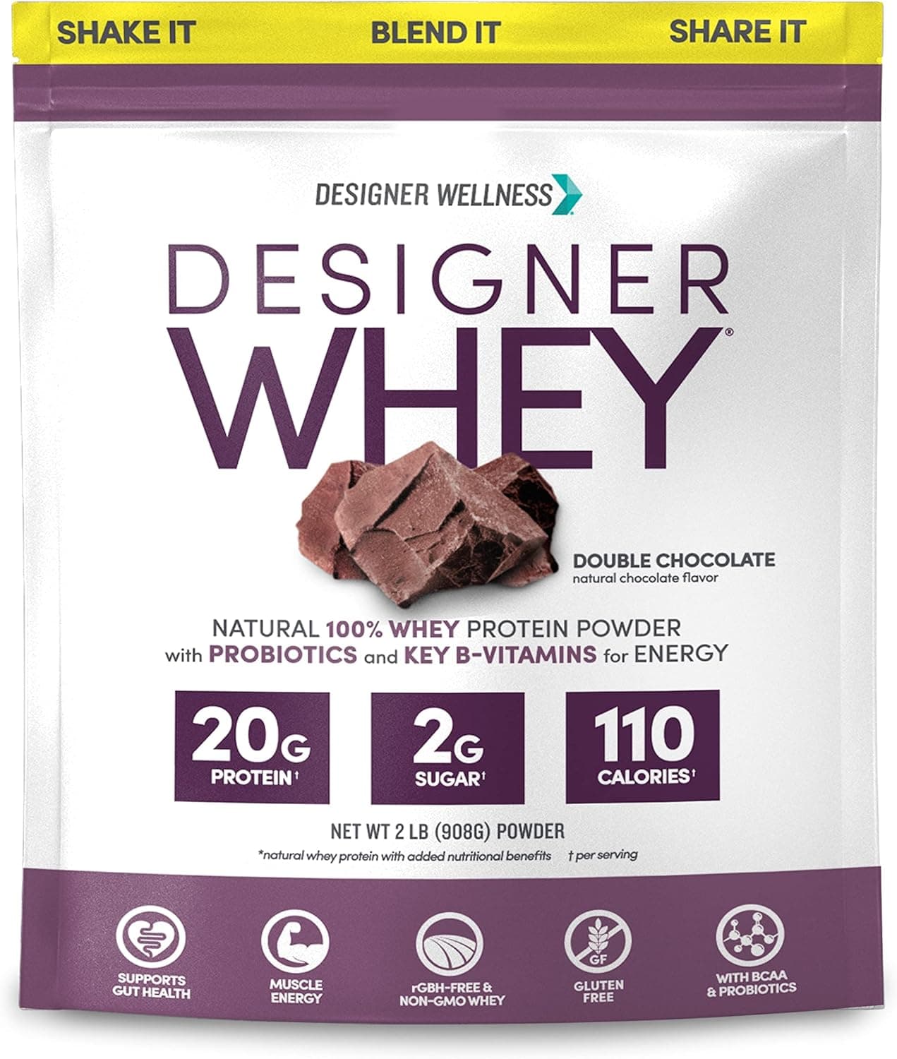 Designer Wellness, Designer Whey, Natural Whey Protein Powder with Probiotics, Fiber, and Key B-Vitamins for Energy, Gluten-Free & Kosher, Double Chocolate, 2 lb - nullg protein protein bars