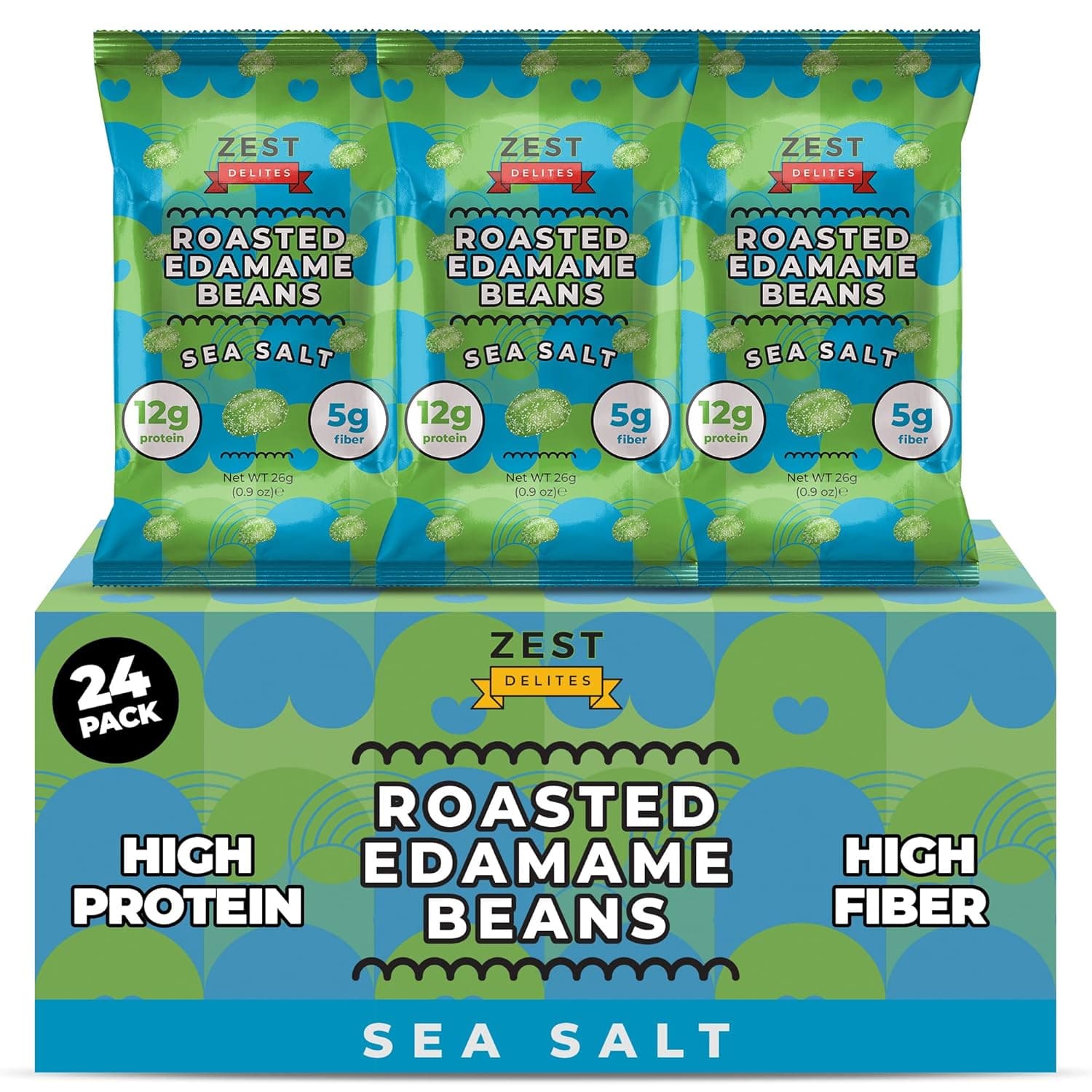 Edamame Beans Snack by Zest Delites, Crunchy Dry Roasted, Sea Salt, Healthy Snacks High Protein (12g), Gym & Workout, Vegan, Keto, Low Carb, Office & Travel, Lunchbox Snack, 0.9oz 24 Pack by Edamame - nullg protein