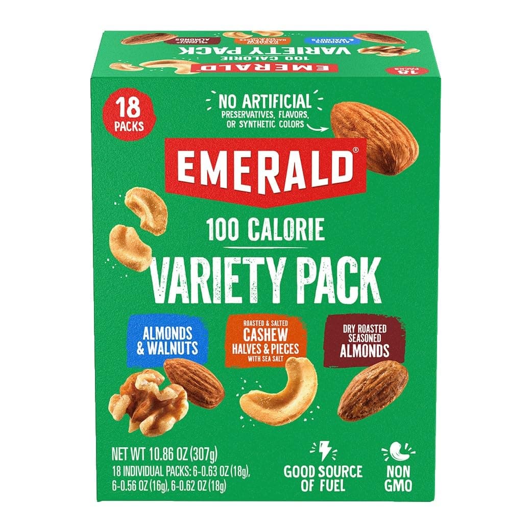 Emerald Nuts Mixed Nuts Variety Pack 18ct (1-Pack) , 100-Calorie Individual Packs , Features Dry Roasted Almonds, Natural Almonds & Walnuts, and Roasted & Salted Cashews - nullg protein nuts & seeds
