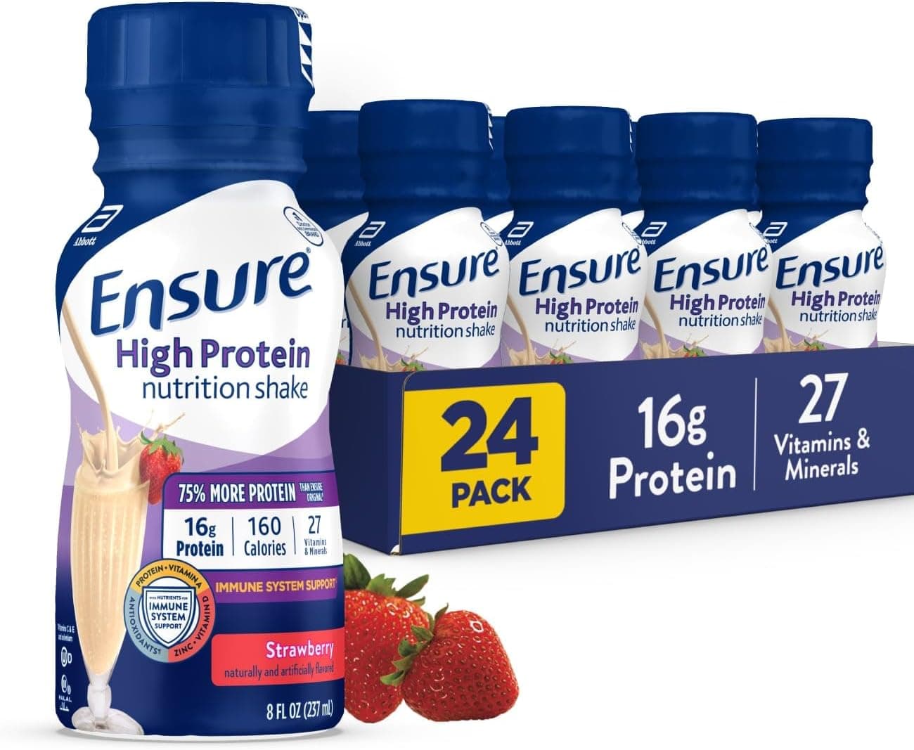 Ensure High Protein Strawberry Nutrition Shake, Ready to Drink, 16g Protein and 27 Vitamins and Minerals, 8 fl oz, 24 Pack - nullg protein nuts & seeds