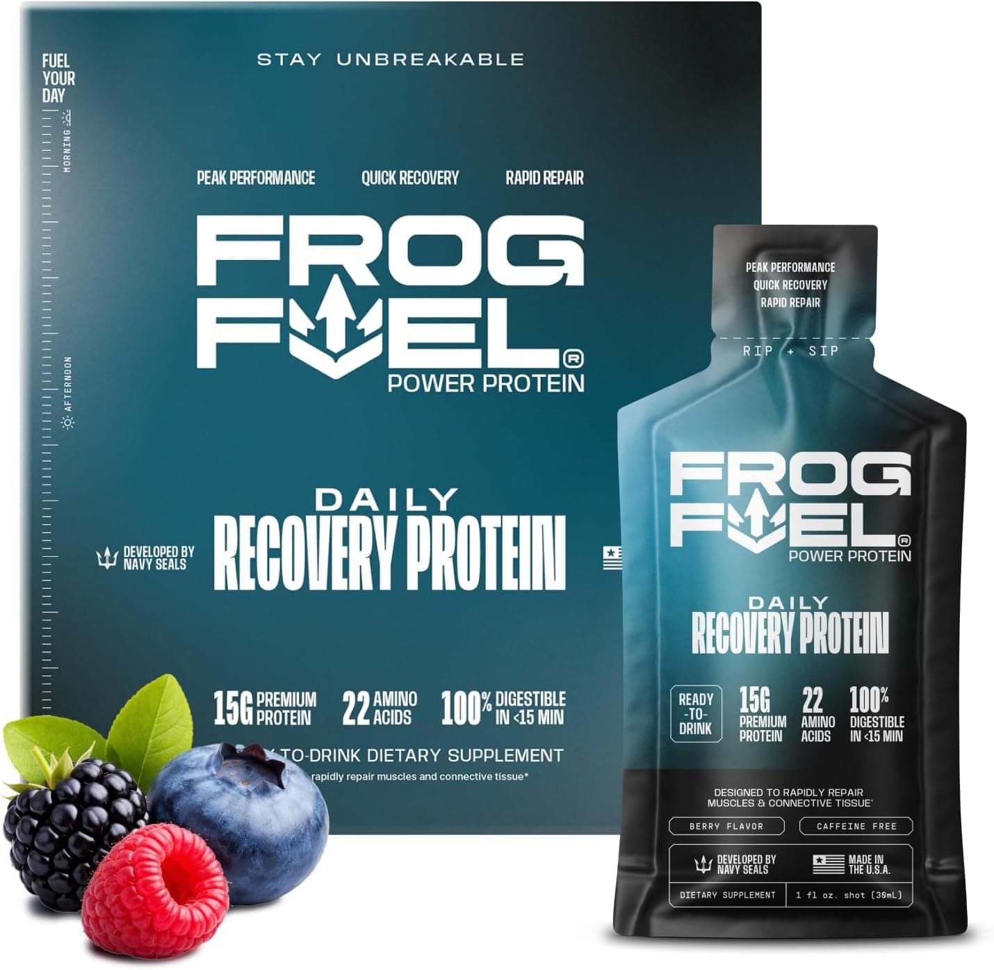 Frog Fuel Power Regular Protein Shot, 15g Protein Nano-Hydrolyzed Grass Fed Collagen, Post Workout, Gluten Free, Fat & Sugar Free, 22 Amino Acids, 0 Carbs, Berry, 1 oz Packets, 24 Pack - nullg protein protein bars