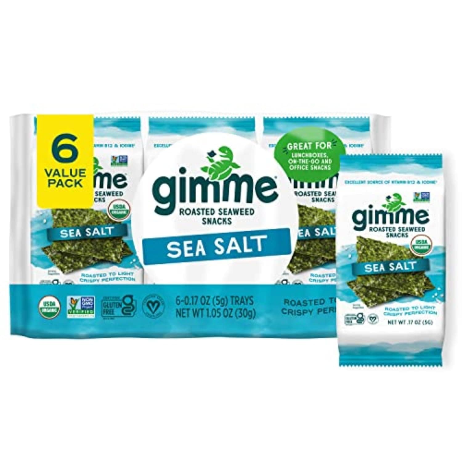 Gimme Seaweed Organic Premium Roasted Seaweed Snacks, Sea Salt, 6 Count, Keto, Vegan, Gluten-Free, Great Source of Omega3s and Iodine, Healthy On-The-Go Snack for Kids and Adults by Gimme - nullg protein