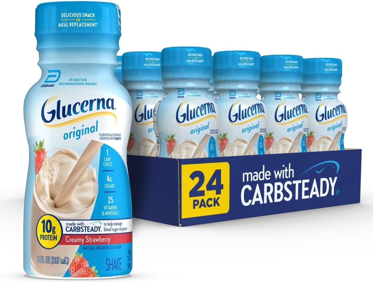 Glucerna Original Diabetes Care Shake, Creamy Strawberry, Diabetic Meal Replacement to Support Blood Sugar Management, 10g Protein, 180 Calories, Ready to Drink, 8-fl-oz Bottle, 24 Pack by Glucerna - nullg protein