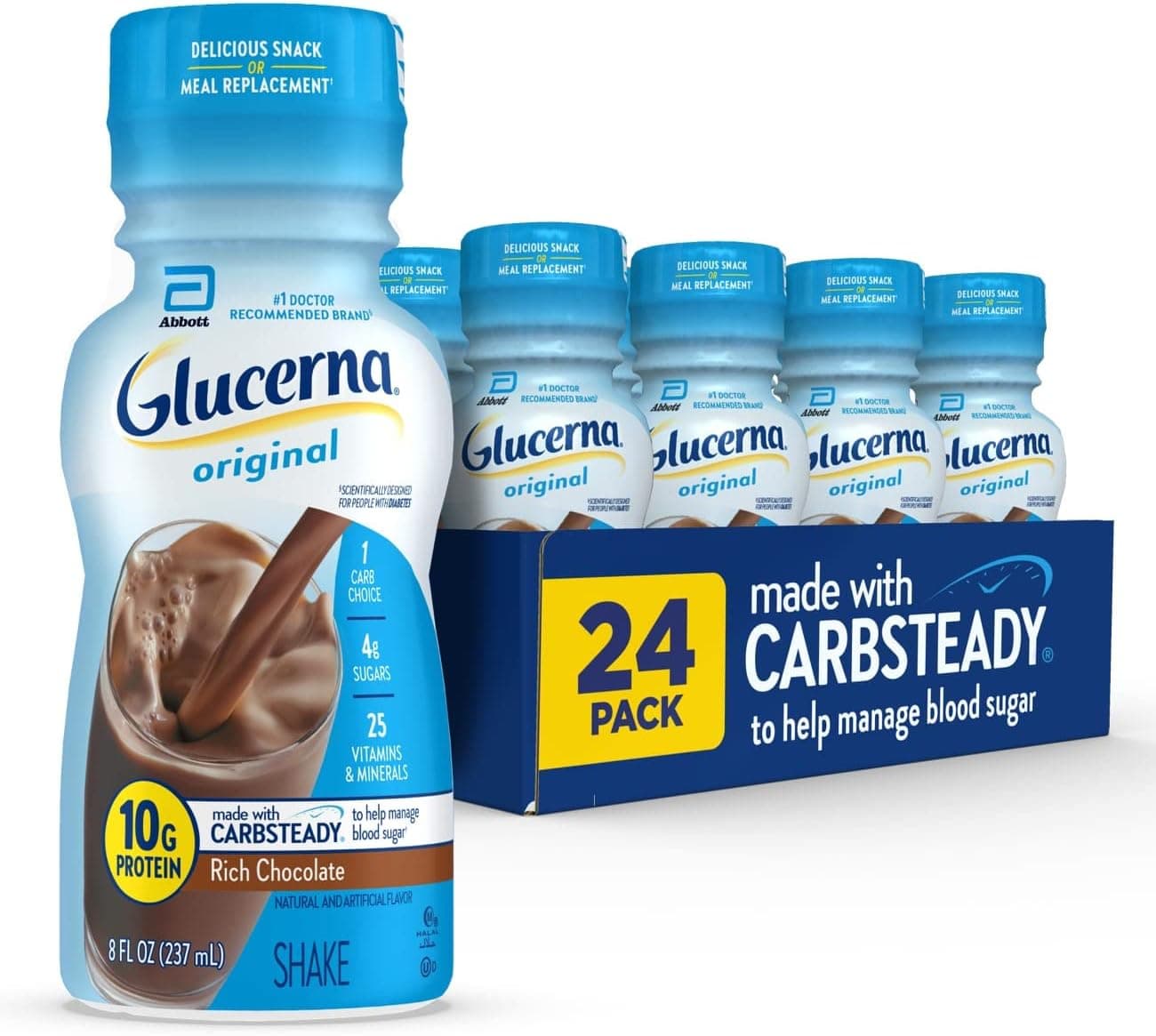 Glucerna Original Diabetes Care Shake, Rich Chocolate, Diabetic Meal Replacement to Support Blood Sugar Management, 10g Protein, 180 Calories, Ready to Drink, 8-fl-oz Bottle, 24 Pack by Glucerna - nullg protein