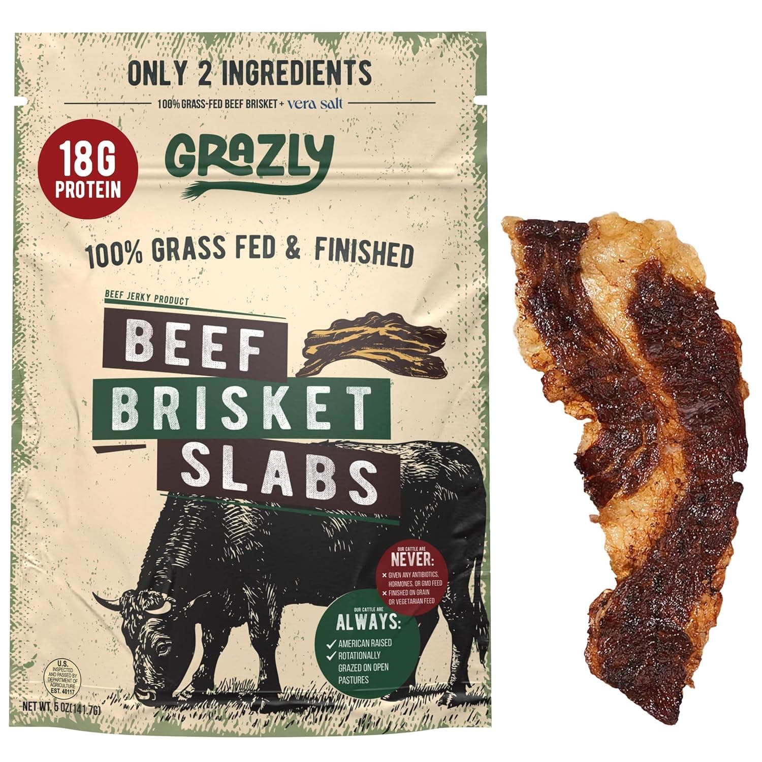 Grazly Beef Brisket Slab – Steakhouse Quality | Grass-Fed & Finished | Only Meat & Salt, Soft & Buttery Texture | High-Protein Carnivore Snack | Made from 1lb Raw Brisket | 5oz On-the-Go Snack Pack - nullg protein protein bars