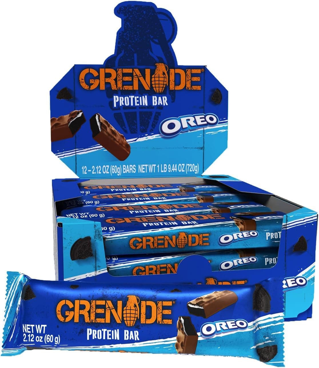 Grenade OREO Milk Chocolate High Protein Bar, 20g Protein and 1 g Sugar per Snack Bar, 12 Count, 2.1 oz Bars - nullg protein protein bars