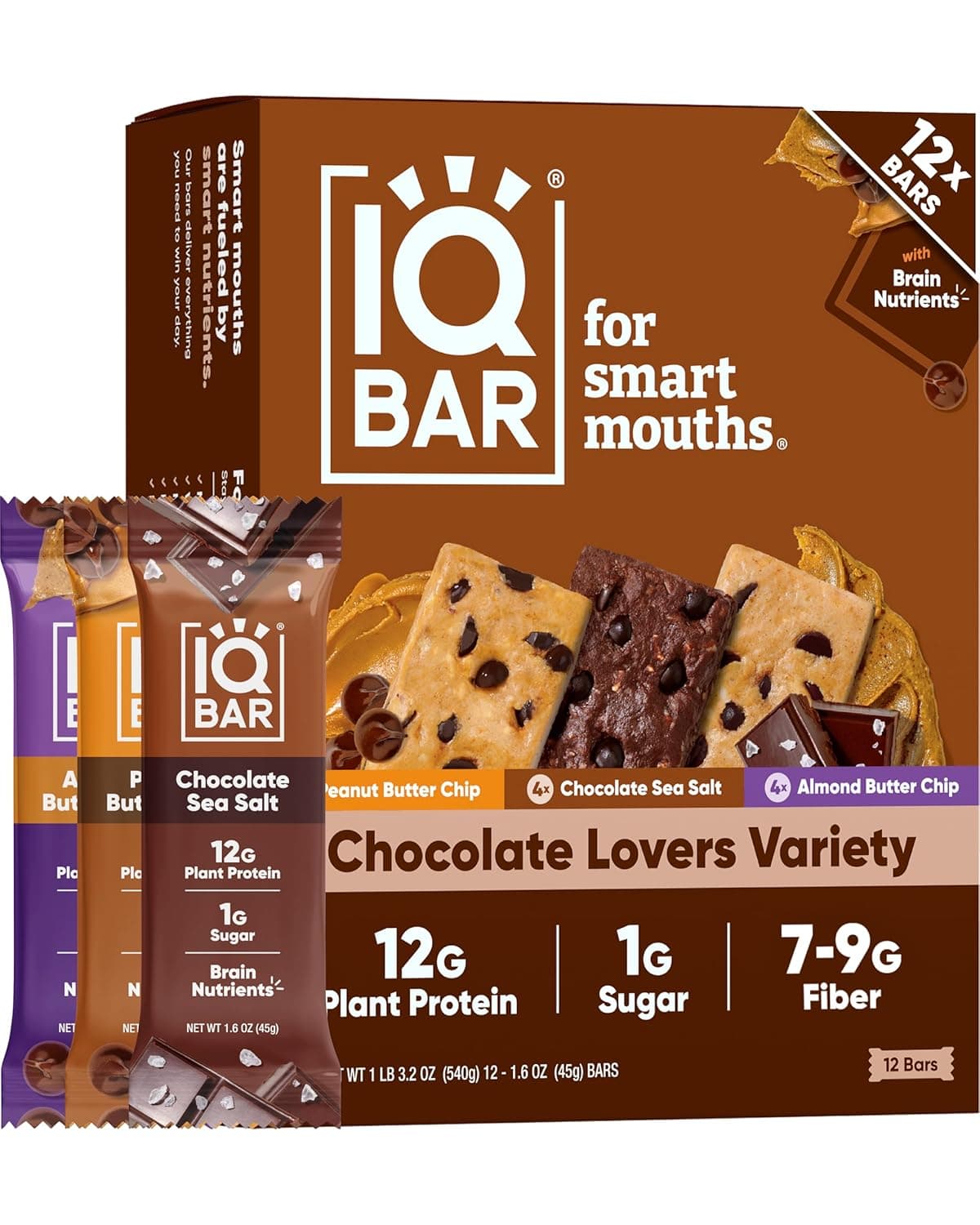 IQBAR Clean Plant Protein Bars - Chocolate Lovers Variety - 12 Count - Keto, Vegan, High Fiber, Gluten and Dairy Free, Low Sugar Snack - Brain and Body Nutrients for Focus, Energy, Meal Replacement by IQBAR - nullg protein