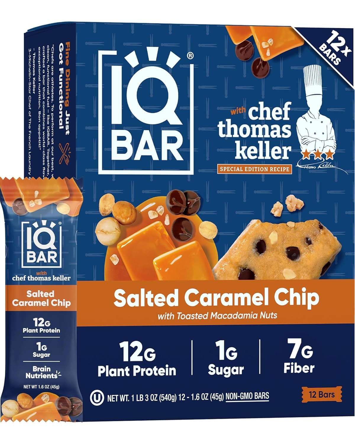 IQBAR Clean Plant Protein Bars - Salted Caramel Chip - 12 Count - Keto, Vegan, High Fiber, Gluten and Dairy Free, Low Sugar Snack - Brain and Body Nutrients for Focus, Energy, Meal Replacement by IQBAR - nullg protein