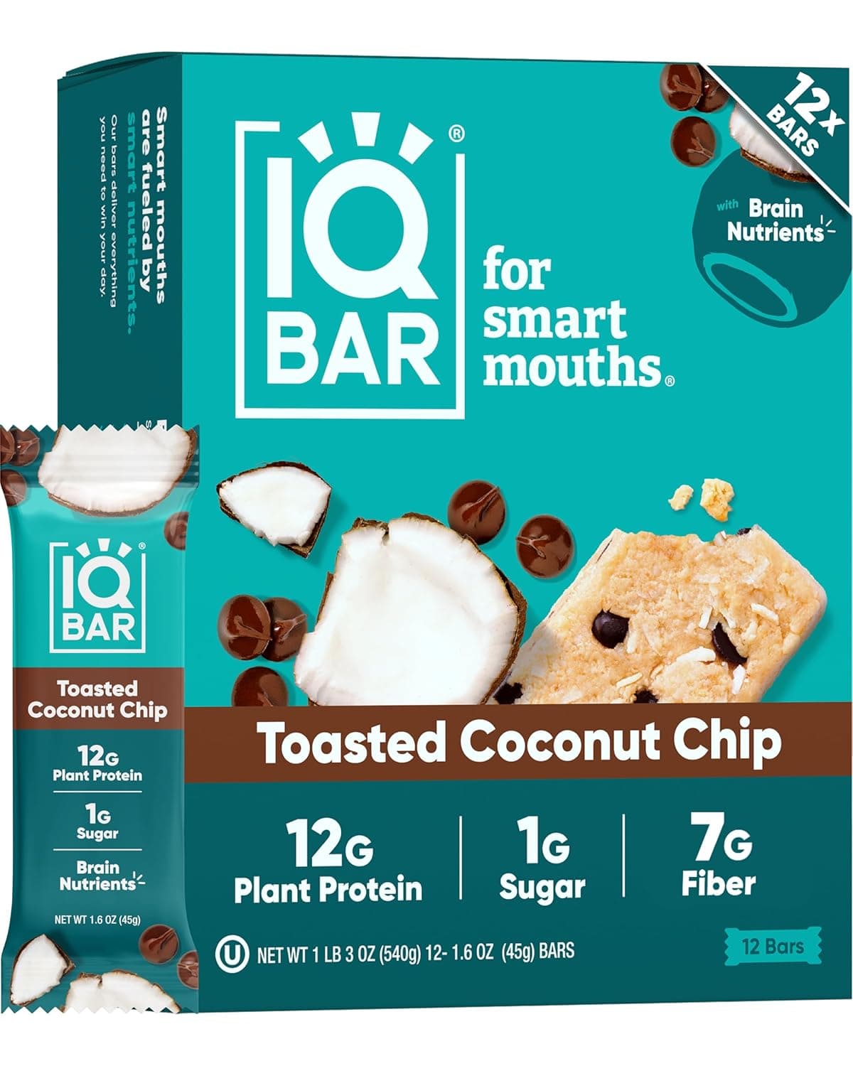IQBAR Clean Plant Protein Bars - Toasted Coconut Chip - 12 Count - Keto, Vegan, High Fiber, Gluten and Dairy Free, Low Sugar Snack - Brain and Body Nutrients for Focus, Energy, Meal Replacement by IQBAR - nullg protein