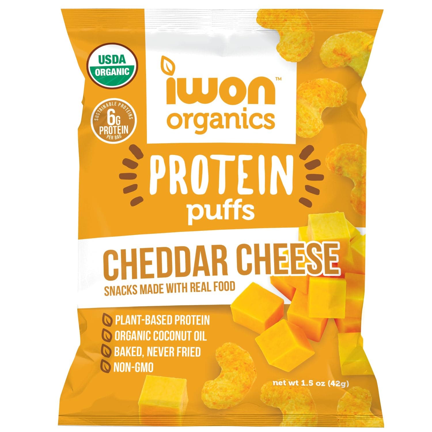 IWON Organics Cheddar Cheese Flavor Protein Puff, High Protein and Organic Healthy Snacks, 8 Bags by IWON - nullg protein