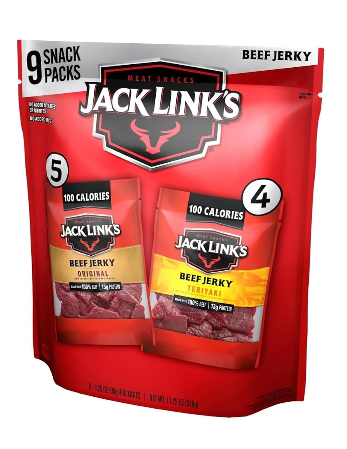 Jack Link's Beef Jerky Variety Pack - Original and Teriyaki - (9 Pack) 1.25 oz Bag - Ready to Eat Protein Snacks - 13g Protein per Serving - Made with 100% Real Beef - nullg protein jerky & meat snacks