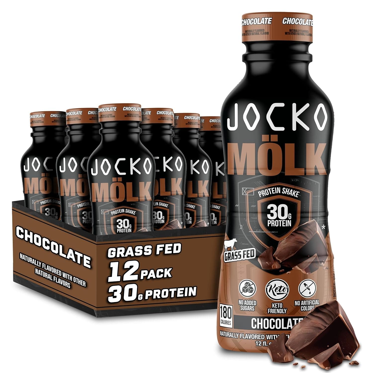 Jocko Mölk 30g Grass Fed Protein Shakes – No Added Sugar Protein Drinks KETO Friendly - Ready to Drink 12 FL Oz (Pack of 12) Chocolate - nullg protein protein bars