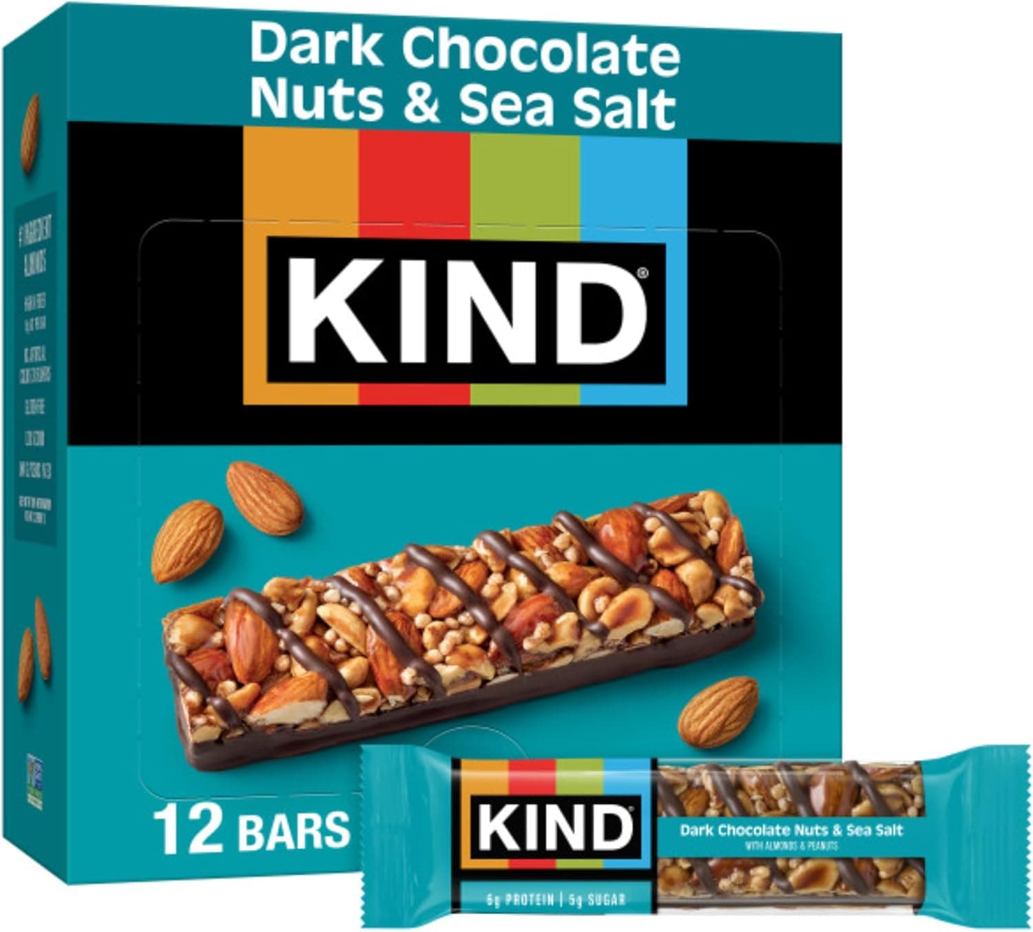 KIND Healthy Snacks Bars, Dark Chocolate Nuts & Sea Salt, Gluten Free, Low Sugar, High Fiber Snacks, 6g Protein, 12 Count by KIND - nullg protein
