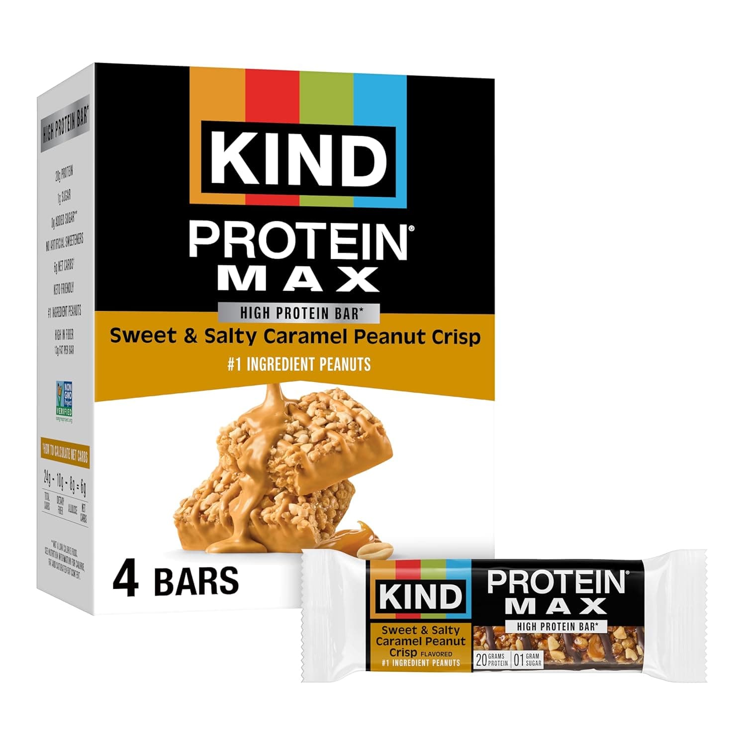 KIND Protein MAX Bars, Sweet & Salty Caramel Peanut Crisp, Gluten Free, Low Sugar, High Fiber Snacks, 20g Protein, 4 Count by KIND - nullg protein