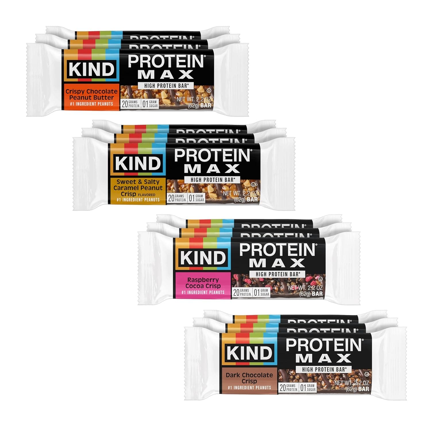 KIND Protein MAX Bars Variety Pack, Gluten Free, Low Sugar, High Fiber Snacks, Crispy Chocolate Peanut Butter, Sweet & Salty Caramel Peanut, Raspberry Cocoa, Dark Chocolate, 20g Protein, 12 Count by KIND - nullg protein