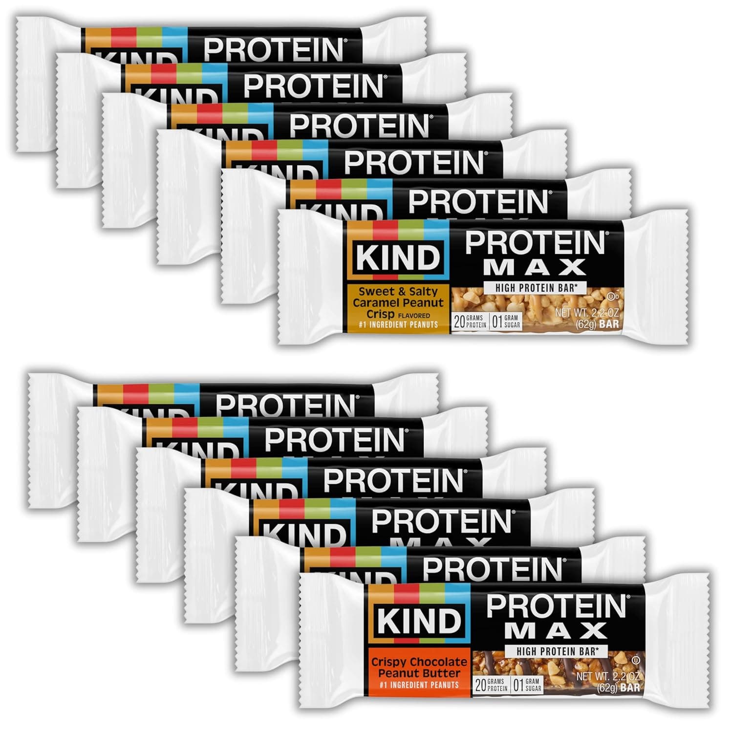 KIND Protein MAX Bars Variety Pack, Gluten Free, Low Sugar, High Fiber Snacks, Sweet & Salty Caramel Peanut Crisp, Crispy Chocolate Peanut Butter, 20g Protein, 12 Count by KIND - nullg protein