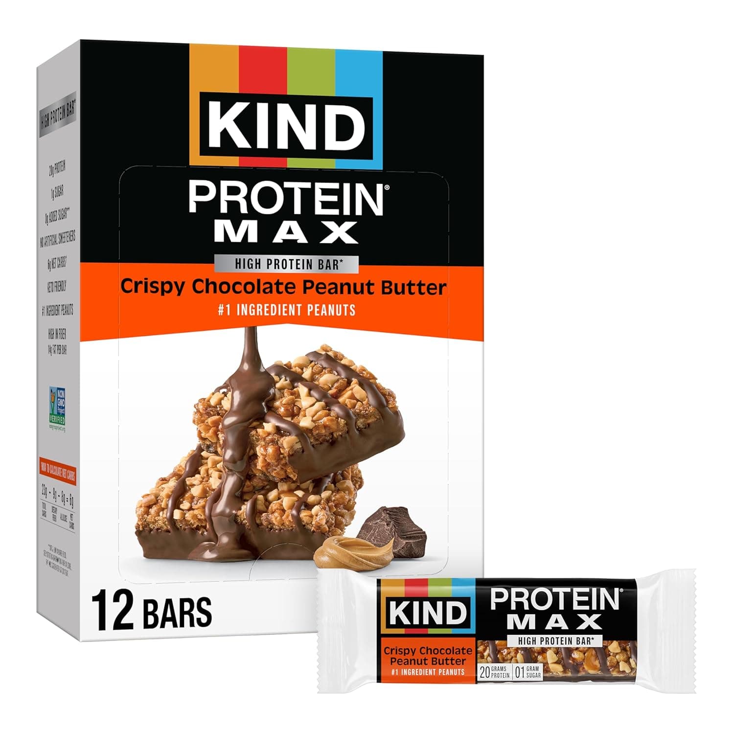 KIND Protein MAX Crispy Chocolate Peanut Butter Snack Bars, 20g of Protein, Keto Friendly, 1g of Sugar Per Bar, Gluten Free, 12 Count Box by KIND - nullg protein