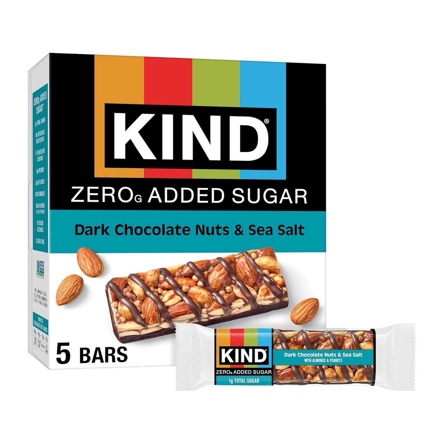 Kind Zero Added Sugar Healthy Snacks Bars, Dark Chocolate Nuts & Sea Salt, Gluten Free, High Fiber, Keto Snacks, 5g Protein, 5 Count by KIND - nullg protein