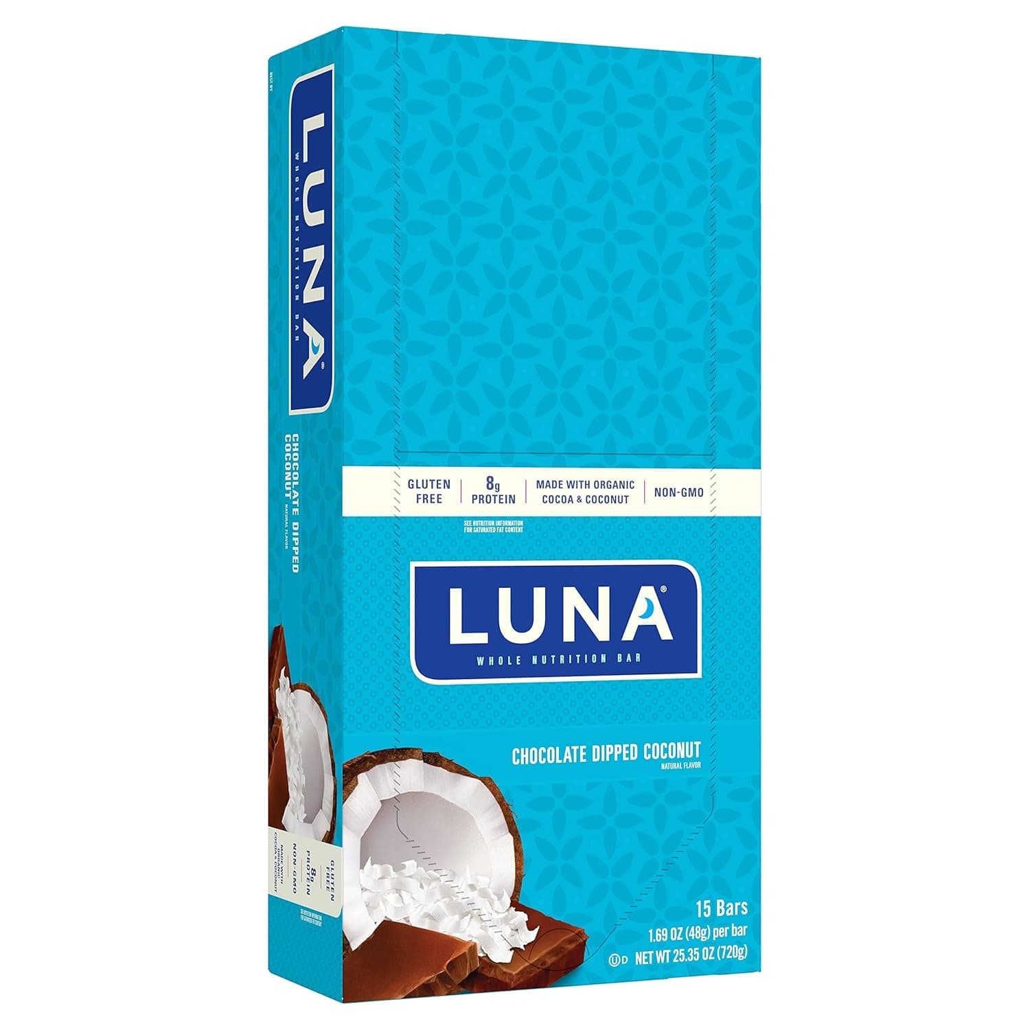 LUNA BAR - Gluten Free Snack Bars - Chocolate Dipped Coconut Flavor -8g of protein - Non-GMO - Plant-Based Wholesome Snacking - On the Go Snacks (1.69 Ounce Snack Bars, 15 Count) - nullg protein protein bars