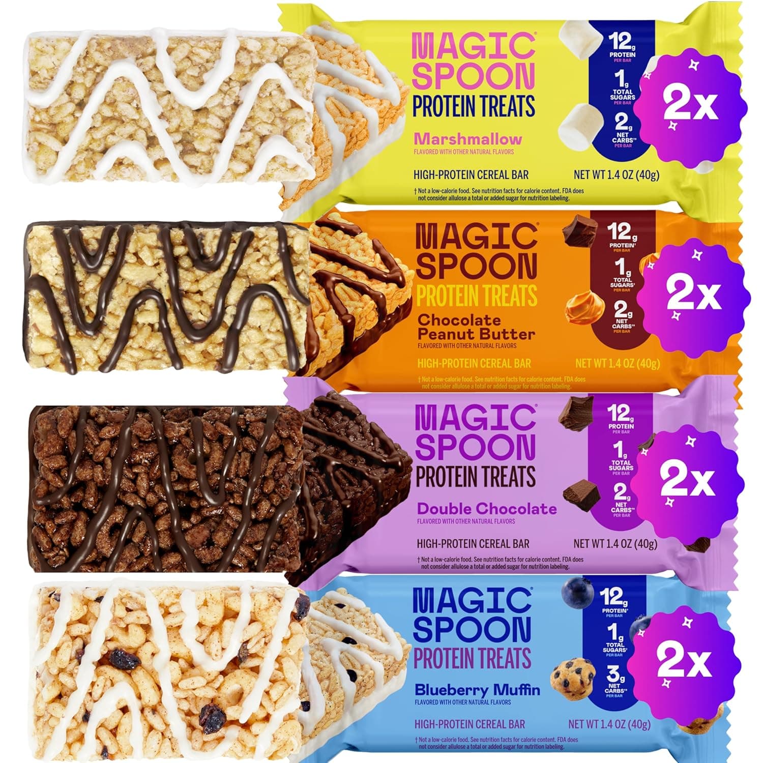 Magic Spoon Treats - 8 High Protein Bars: 2 Marshmallow, 2 Chocolate Peanut Butter, 2 Blueberry Muffin, 2 Double Chocolate - High Protein Gluten Free Snack - Sugar Free Protein Cereal Bar - nullg protein protein bars