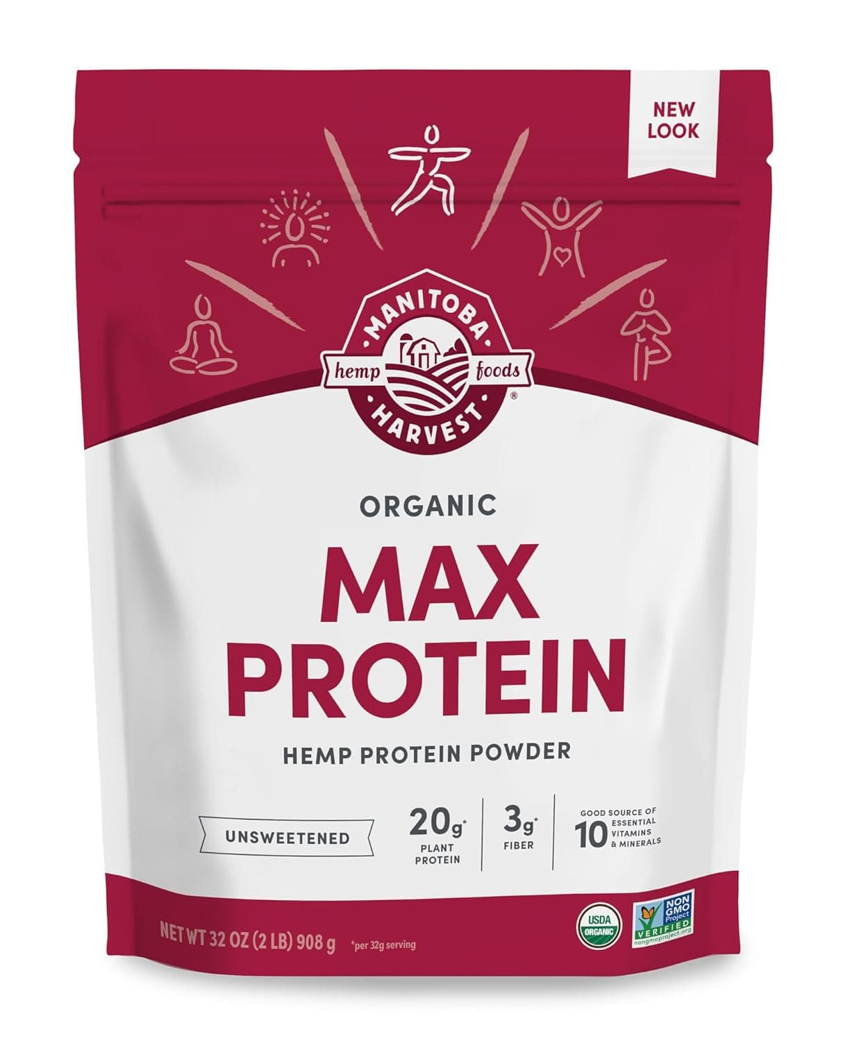 Manitoba Harvest Hemp Yeah Organic Max Protein Powder, Unsweetened, 32oz, with 20g Protein and 4.5g Omegas 3&6 per Serving, Keto-Friendly, Preservative Free, Non-GMO, Packaging May Vary - nullg protein plant-based protein