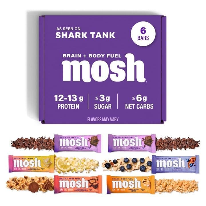 MOSH Variety Pack Keto Protein Bars, High Fiber, Low Carb, Gluten Free, High Protein, Brain Healthy Snack with Ashwagandha, Lion's Mane, 6 Count - nullg protein protein bars