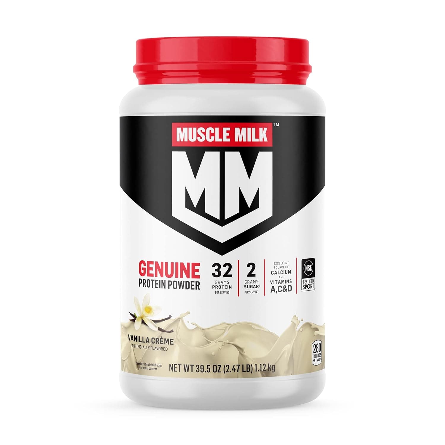 Muscle Milk Genuine Protein Powder, Vanilla Crème, 2.47 Pound, 16 Servings, 32g Protein, 2g Sugar, Calcium, Vitamins A, C & D, NSF Certified for Sport, Energizing Snack, Packaging May Vary by Muscle - nullg protein