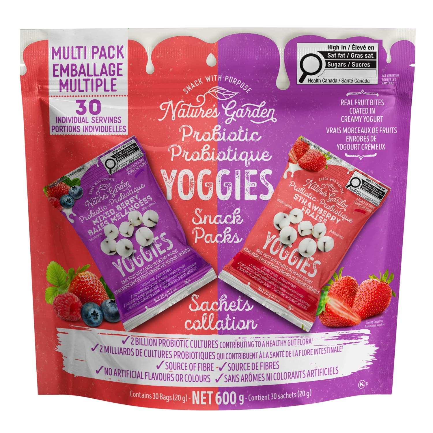 Nature's Garden Probiotic Yoggies Multi Pack, 21oz (Strawberry 15x0.7 oz + Mixed Berry 15x0.7 oz) Yogurt Covered Healthy Snack, High Fiber, Real Fruit Pieces, No Artificial Ingredients, for Adults by Nature's Garden - nullg protein