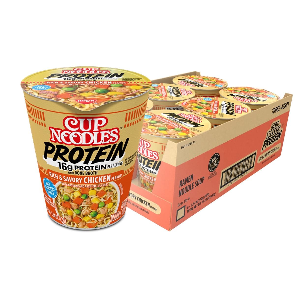 Nissin Cup Noodles Protein Ramen, Chicken Flavor with Bone Broth, 16g Protein, 2.54 Ounce Cup (Pack of 6) - nullg protein protein bars