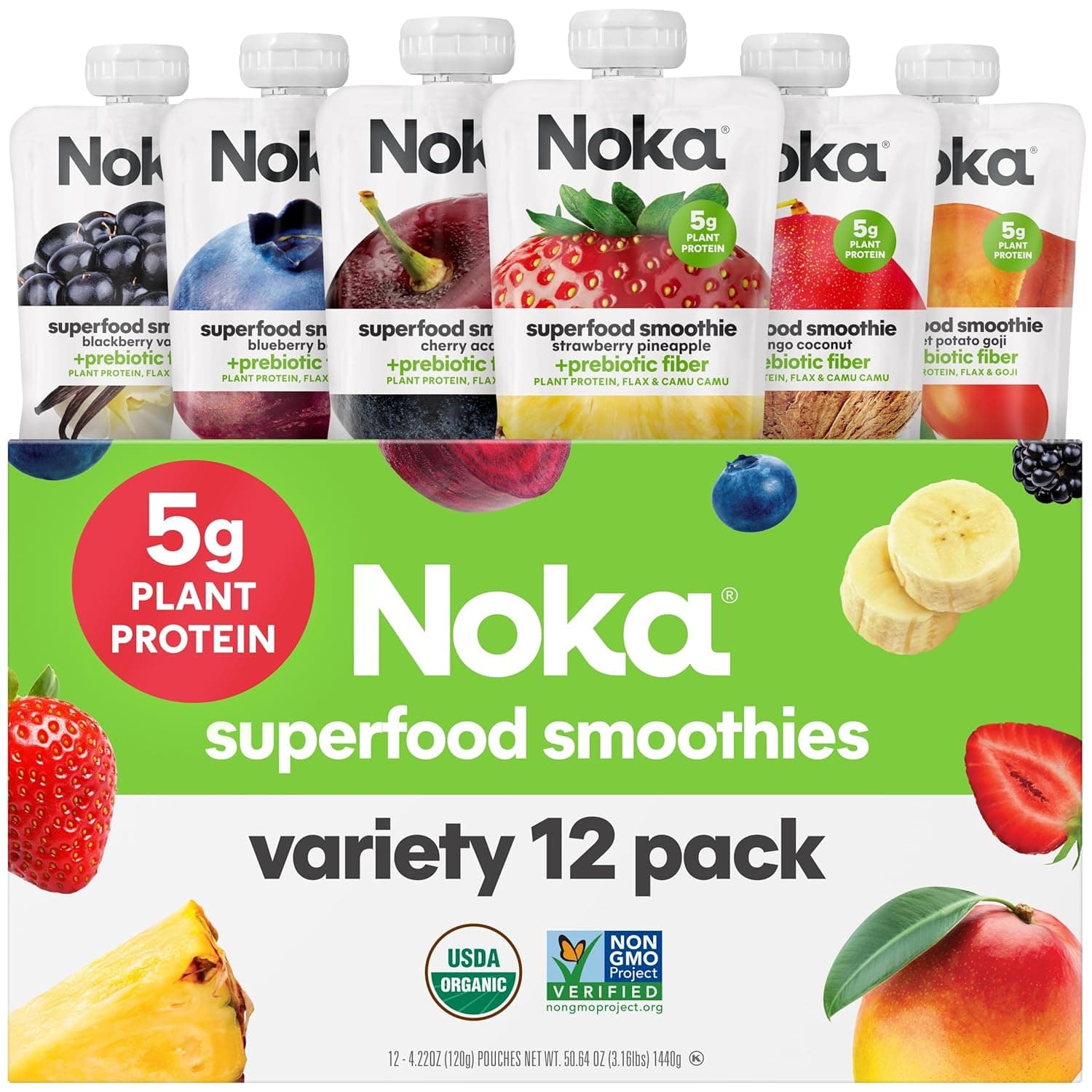 Noka Superfood Fruit Smoothie Pouches Variety Pack, Healthy Snacks with Flax Seed, Plant Protein and Prebiotic Fiber, Vegan and Gluten Free Snacks, Made in USA, Organic Squeeze Pouch, 4.22 oz, 12 Count - nullg protein nuts & seeds